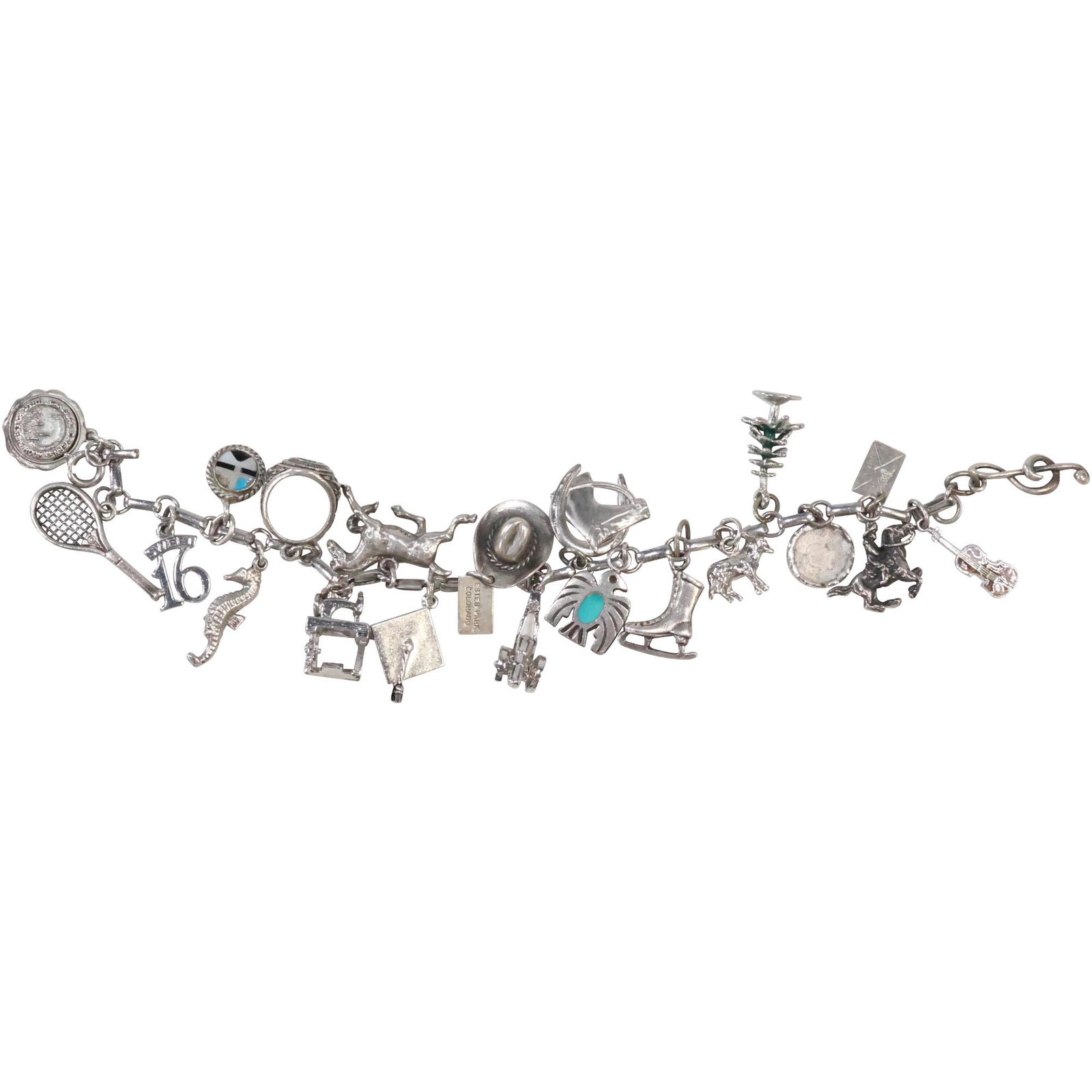 Sterling Silver Charm Bracelet with 22 Sterling Silver Charms; weighs 1.49 oz.: Sterling Silver Charm Bracelet with 22 Sterling Silver Charms; weighs 1.49 oz.