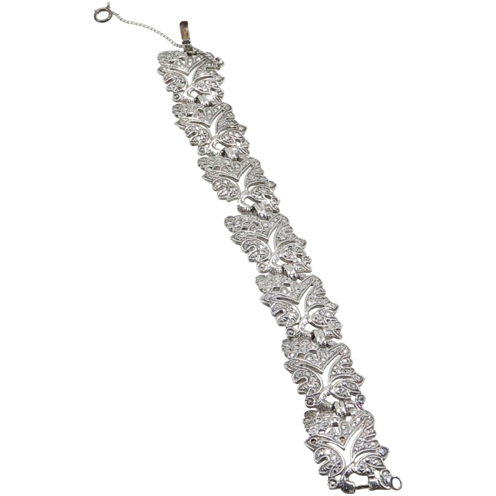 Sterling Silver with Marcasites Grape Clusters Bracelet 1930s-40s, 7 in. x 3/4 in. (1 of 11)