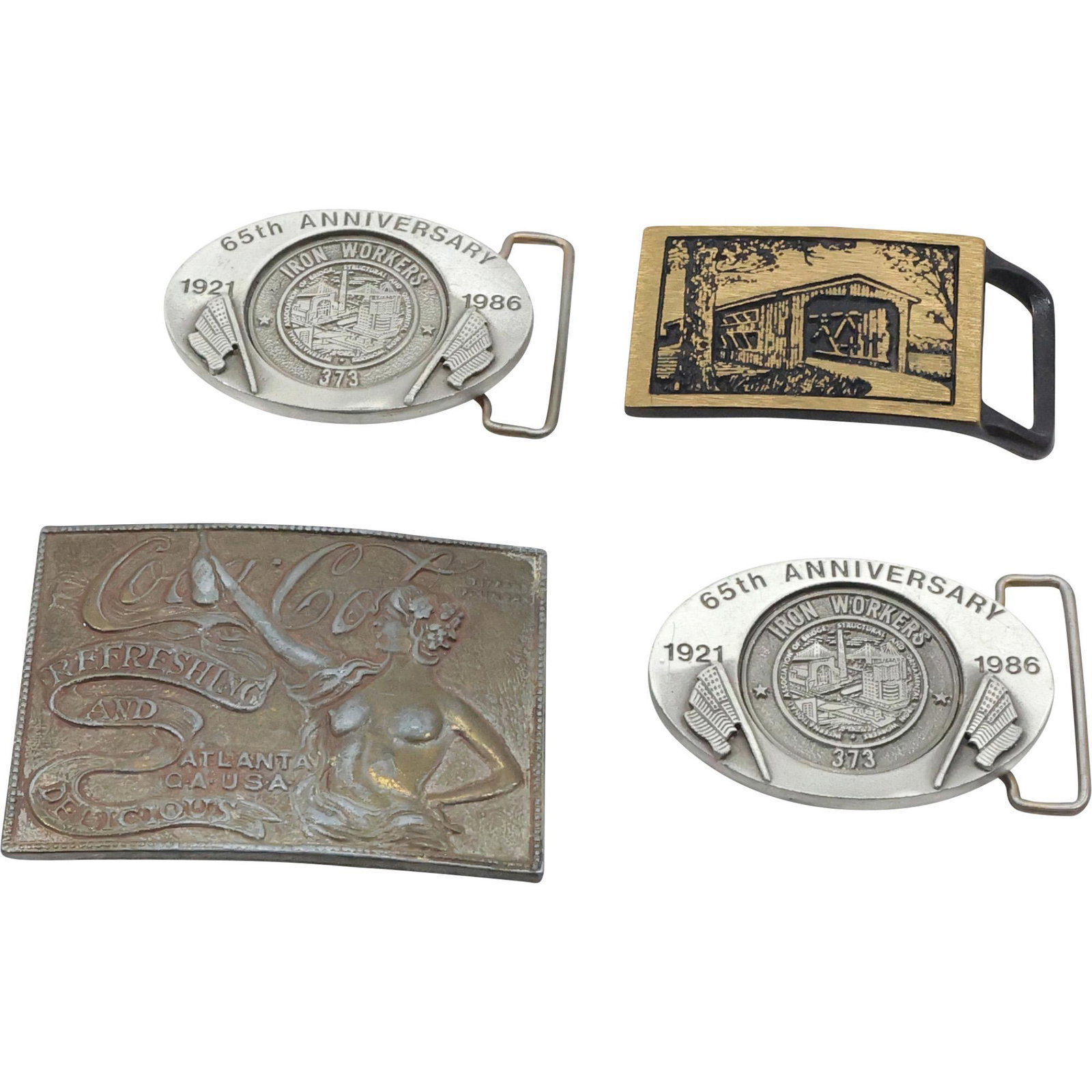 [4] Assorted Novelty Belt Buckles: Coca Cola, Covered Bridge; Iron Worker, Average size 3 in. (1 of 10)