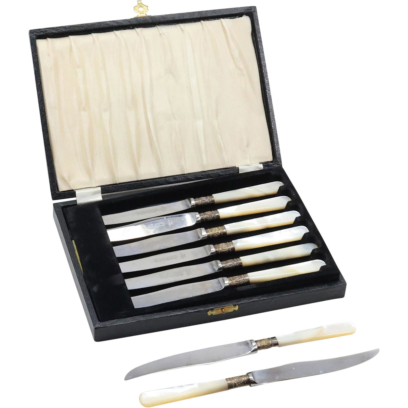 [8] William Adams Sheffield England Steak Knives Sterling Banded MOP Handles in Box (1 of 14)