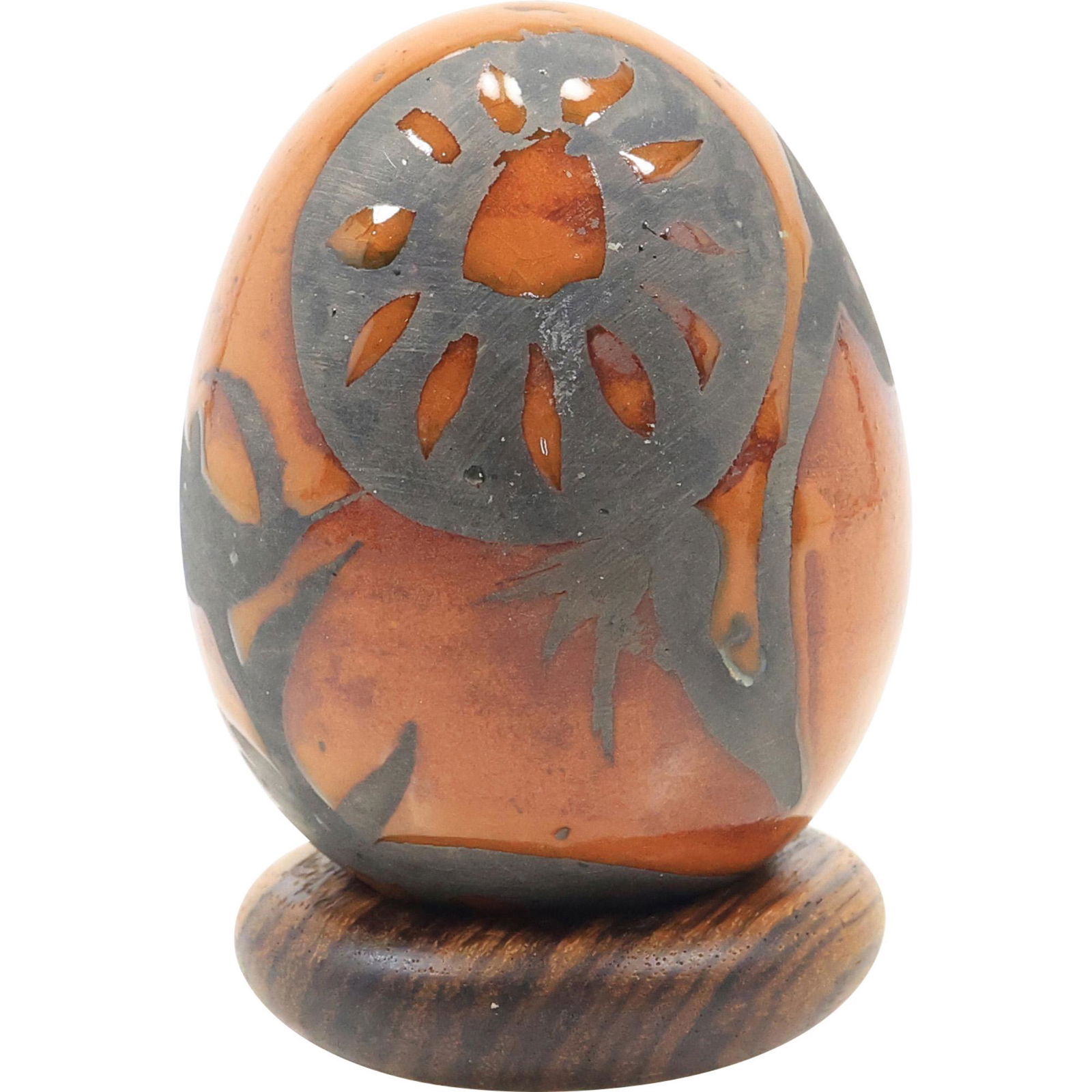 Art Glass Silver Overlay Egg with Polished Wood Base: Art Glass Silver Overlay Egg with Polished Wood Base. 3 1/4 in. x 2 1/2 in.