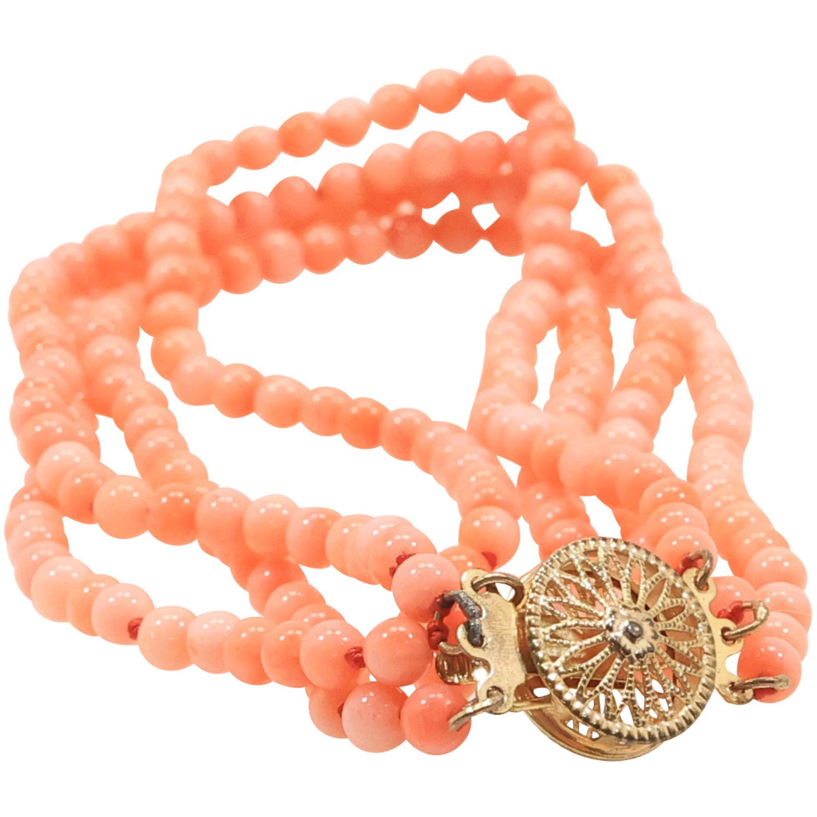 10K GOLD with CORAL 4-Strand Bracelet 9 in. x 3/4 in.: 10K GOLD with CORAL 4-Strand Bracelet 9 in. x 3/4 in.