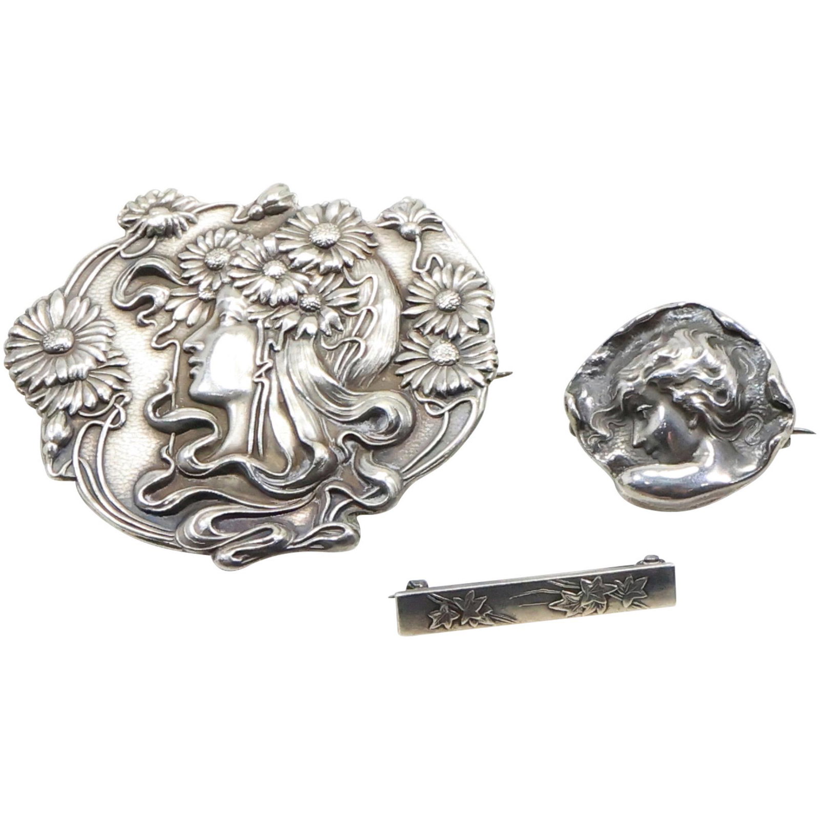 [3] UNGER BROS Sterling Silver Art Nouveau Pins Woman With Flowers Pin, Woman Portrait Pin  & (1 of 10)