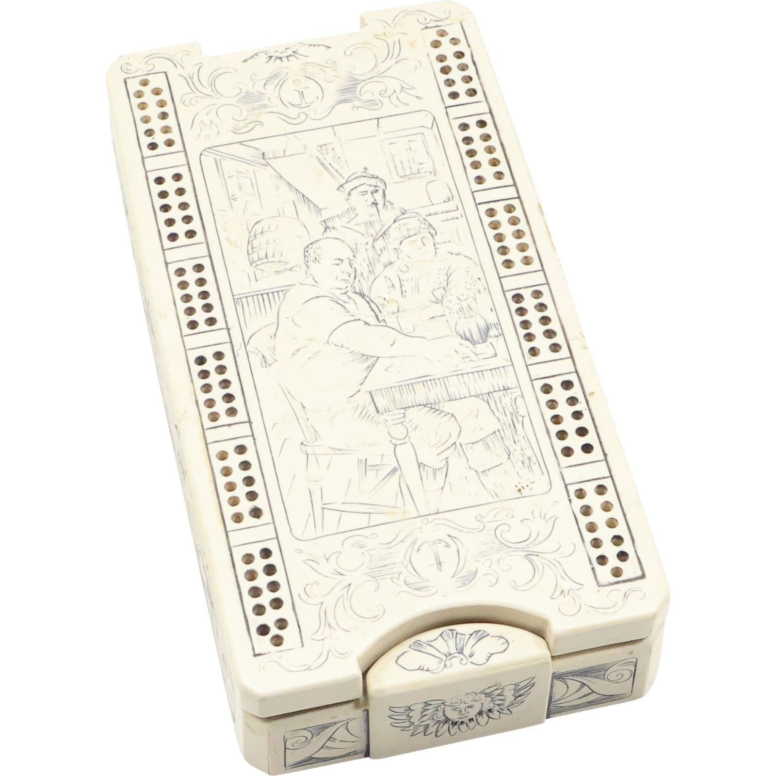 Chinese Game Box with Parts, White Hard Composition, Etched Figures at Table (1 of 9)