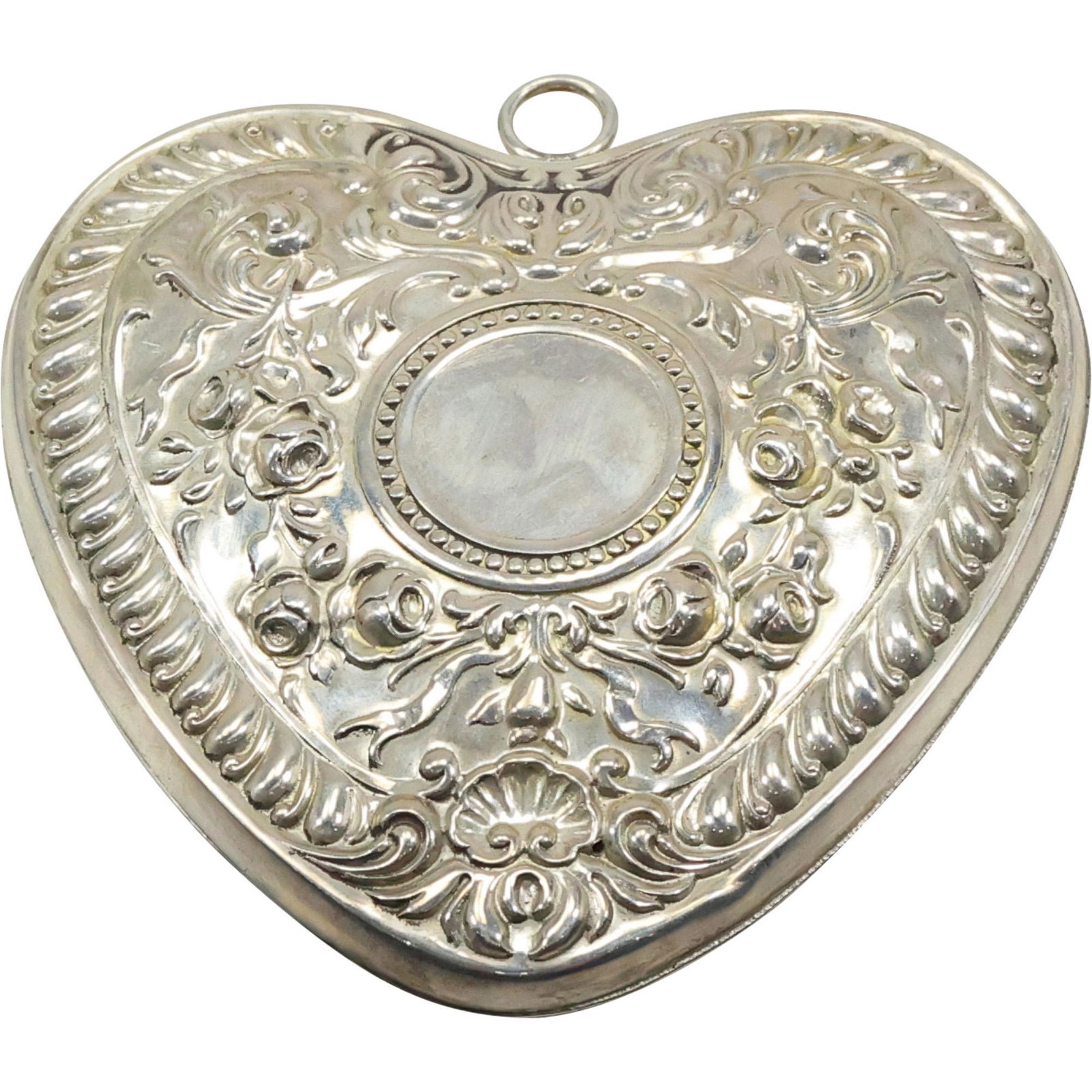 Sterling Silver Large Hollow Heart Pendant Fancy Repousse Roses Design 2 3/4 in. x 3 in.: Sterling Silver Large Hollow Heart Pendant Fancy Repousse Roses Design 2 3/4 in. x 3 in.