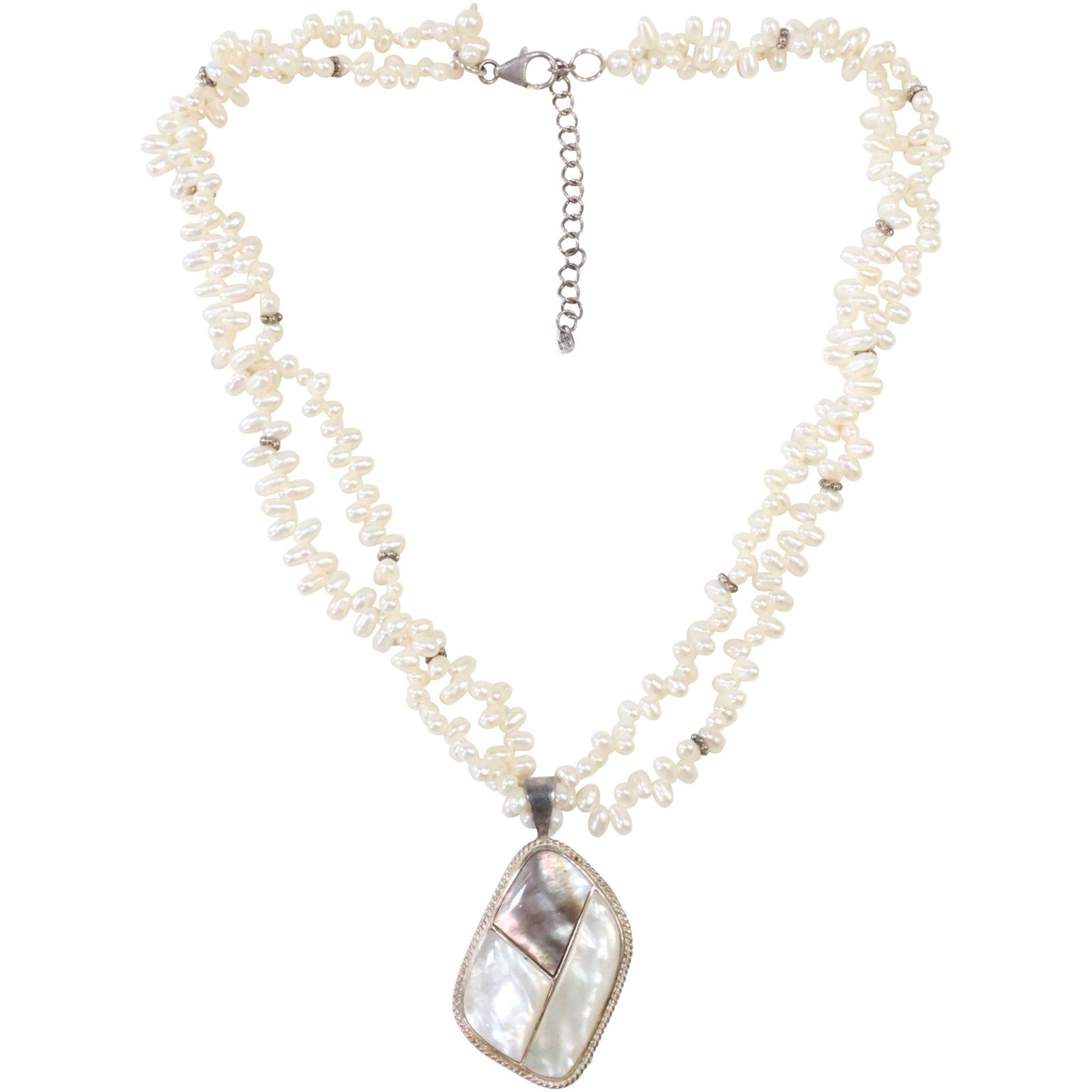 .925 Sterling Abalone and MOP Pendant Necklace with Genuine Cultured Pearls 2-Strand: .925 Sterling Abalone and MOP Pendant 2 1/4in. x 1 1/4 in. Necklace with .925 Sterling Genuine Cultured Pearls 2-Strand 18 in. length