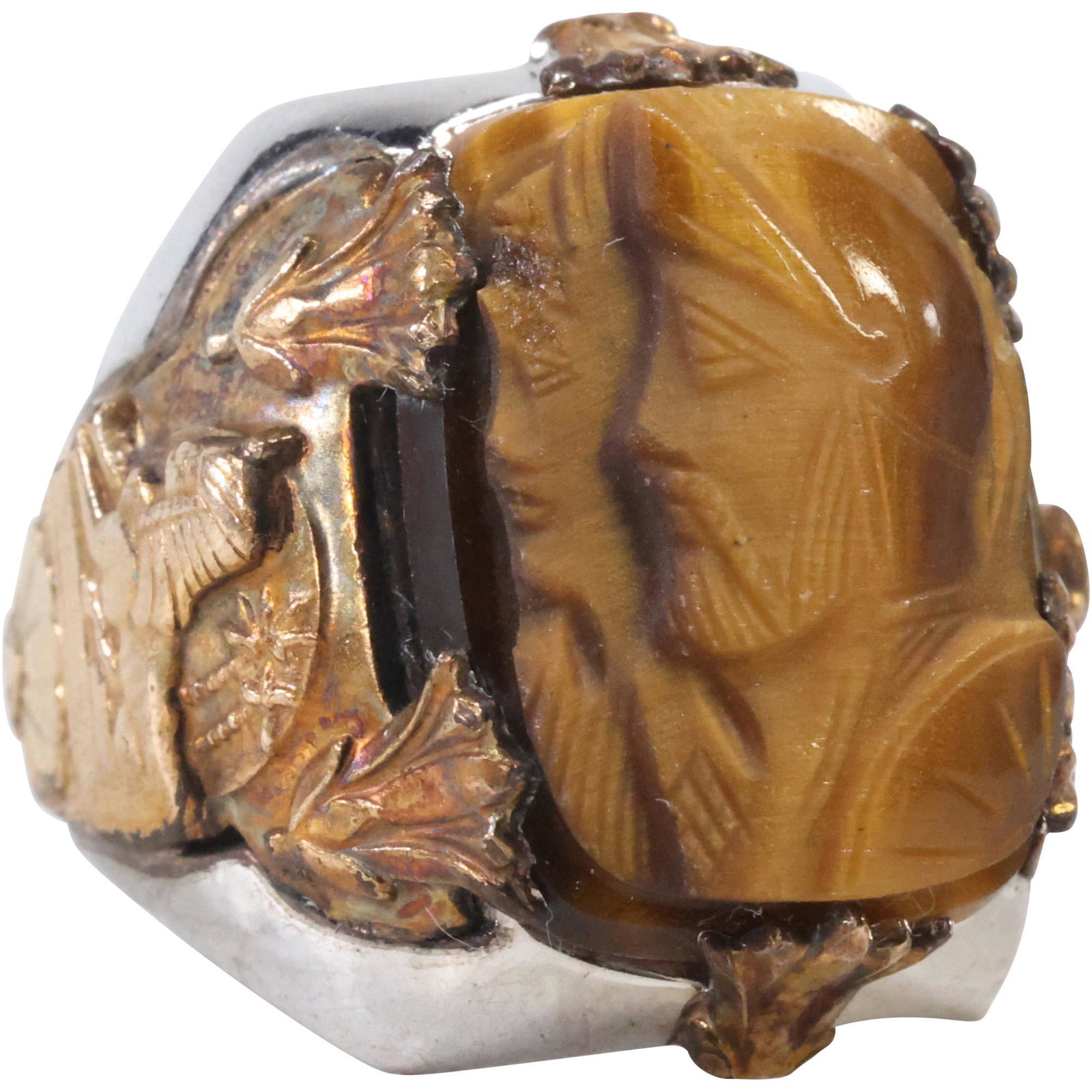 O.B. Sterling Silver 1/20 10K GF Mens Tiger Eye Cameo, Sphinx Sides Ring Size 9 (1 of 7)
