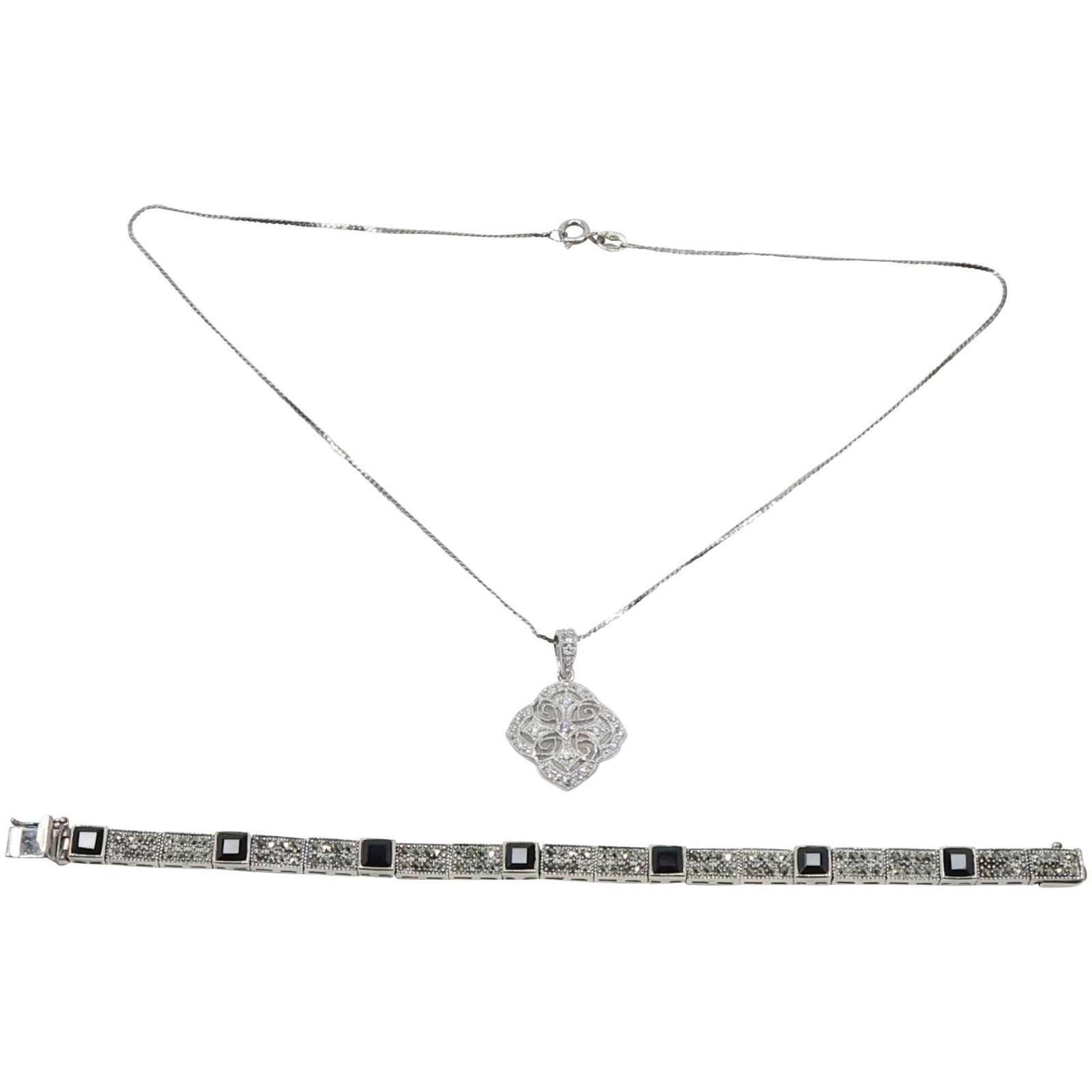 Sterling Silver Black Onyx & Marcasites Bracelet ; .925 Sterling & CZ Pendant Necklace (1 of 16)