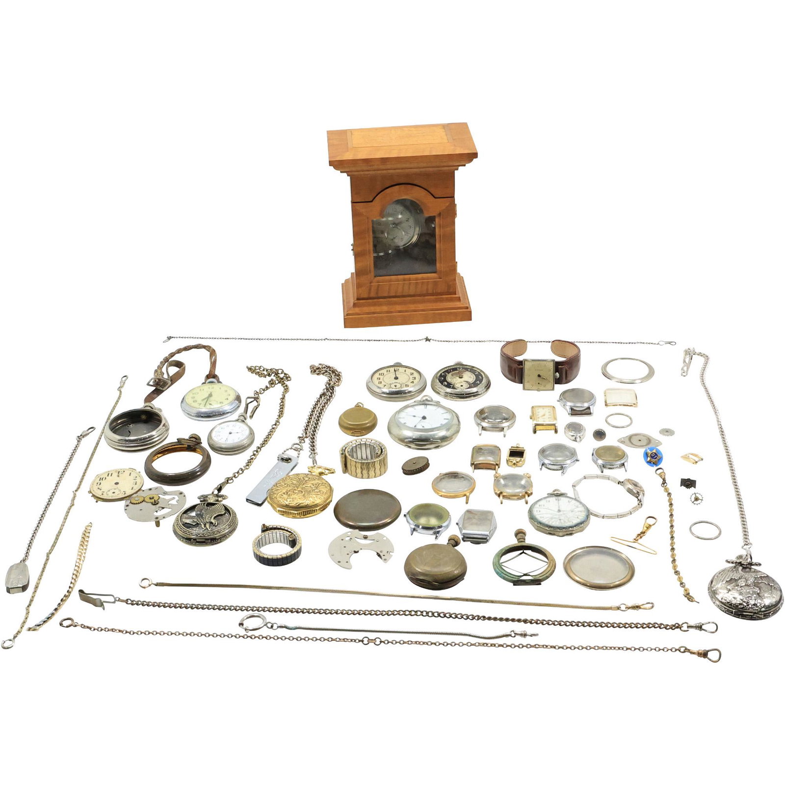 Assorted Group Lot Pocket Watches and Parts. Tiger Maple Watch Holding Case included (1 of 19)