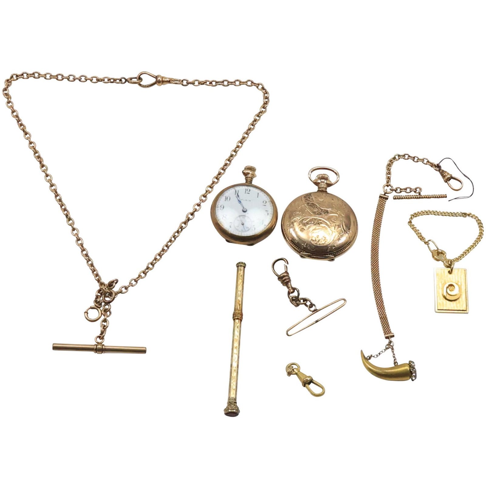 8 Pieces Assorted Estate Grouping Elgin 10K and GF 2 Pocket Watches; Watch Fobs, Karatclad Pendant, (1 of 20)