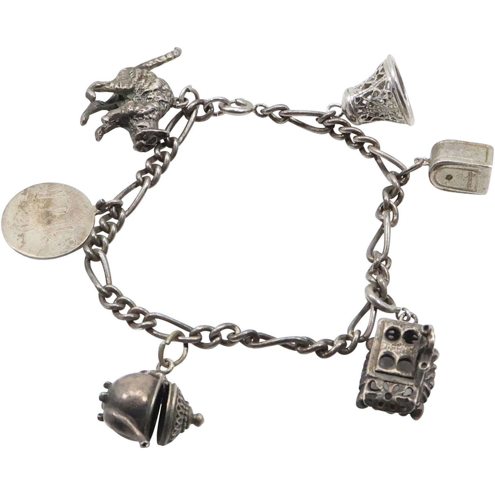 Sterling Silver Charm Bracelet with 6 Charms: Bell, Initials, Stove, Mail, Teapot, Cat (1 of 14)
