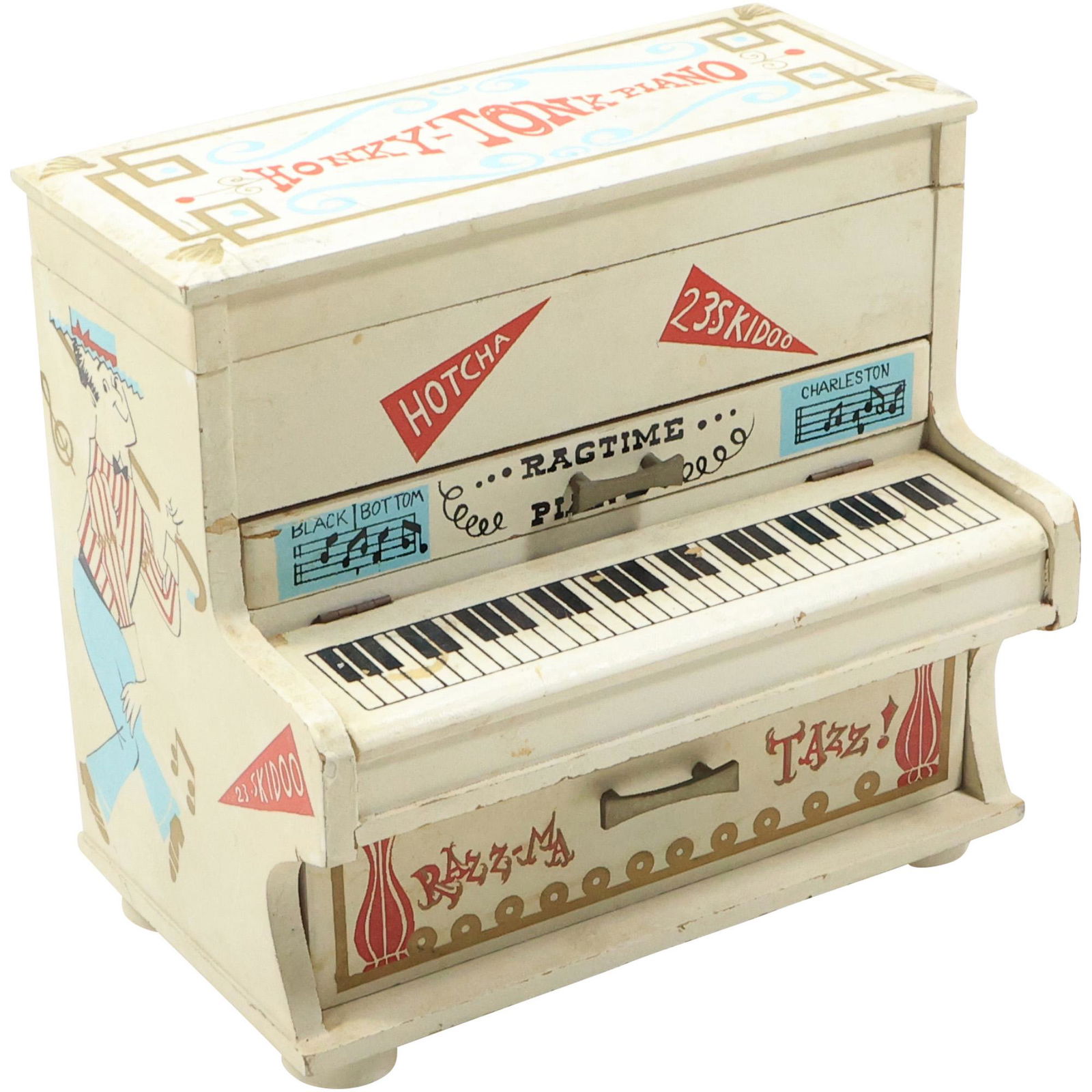 Vintage HONY TONK PIANO Windup Musical Jewelry Box - Works: Vintage HONY TONK PIANO Windup Musical Jewelry Box - Works.Size: 8 in. x 8 1/2 in. x 5 1/4 in.