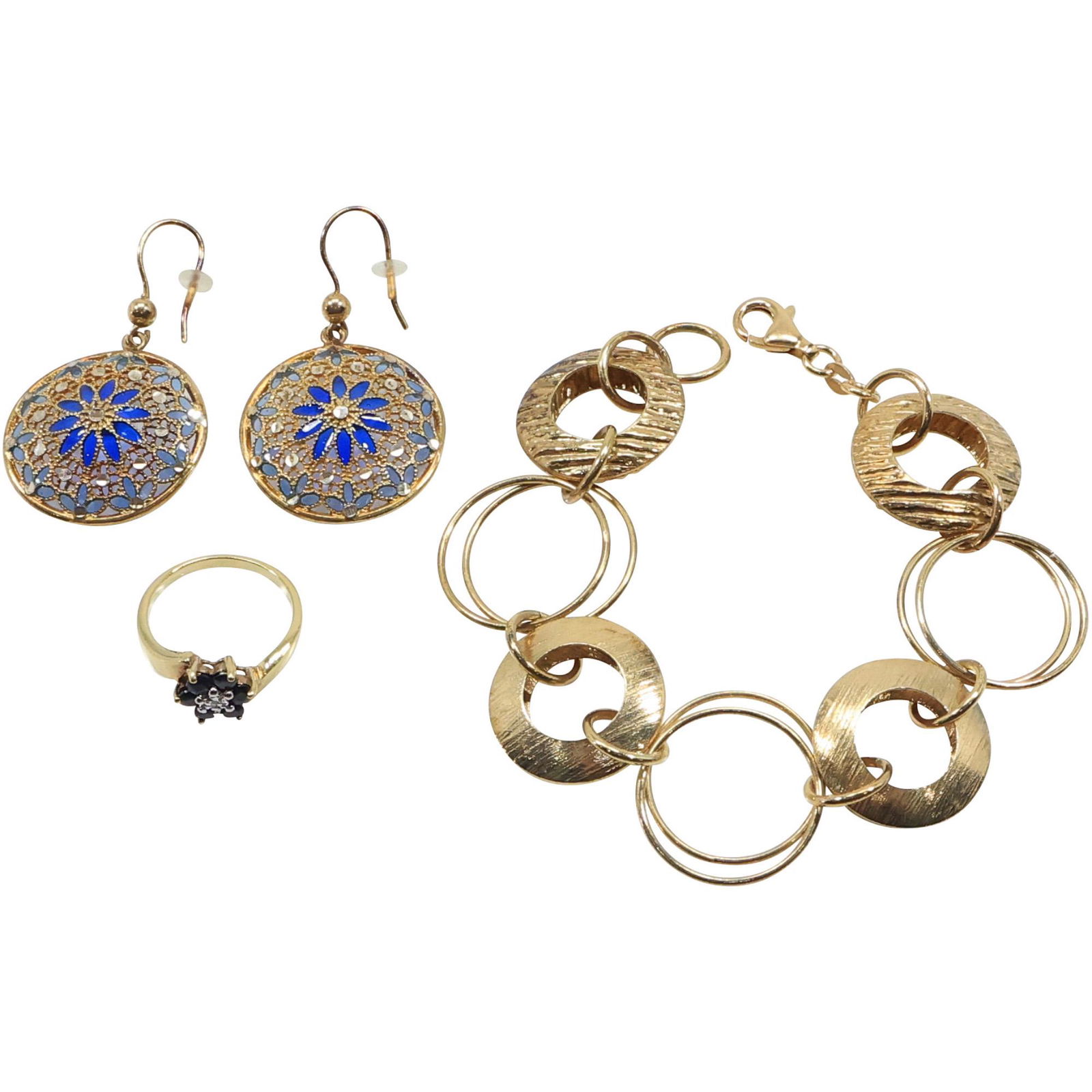 .925 Sterling Diamonds and Sapphires Ring Size 8; .925 Sterling Vermeil Circle Link Bracelet, & (1 of 16)