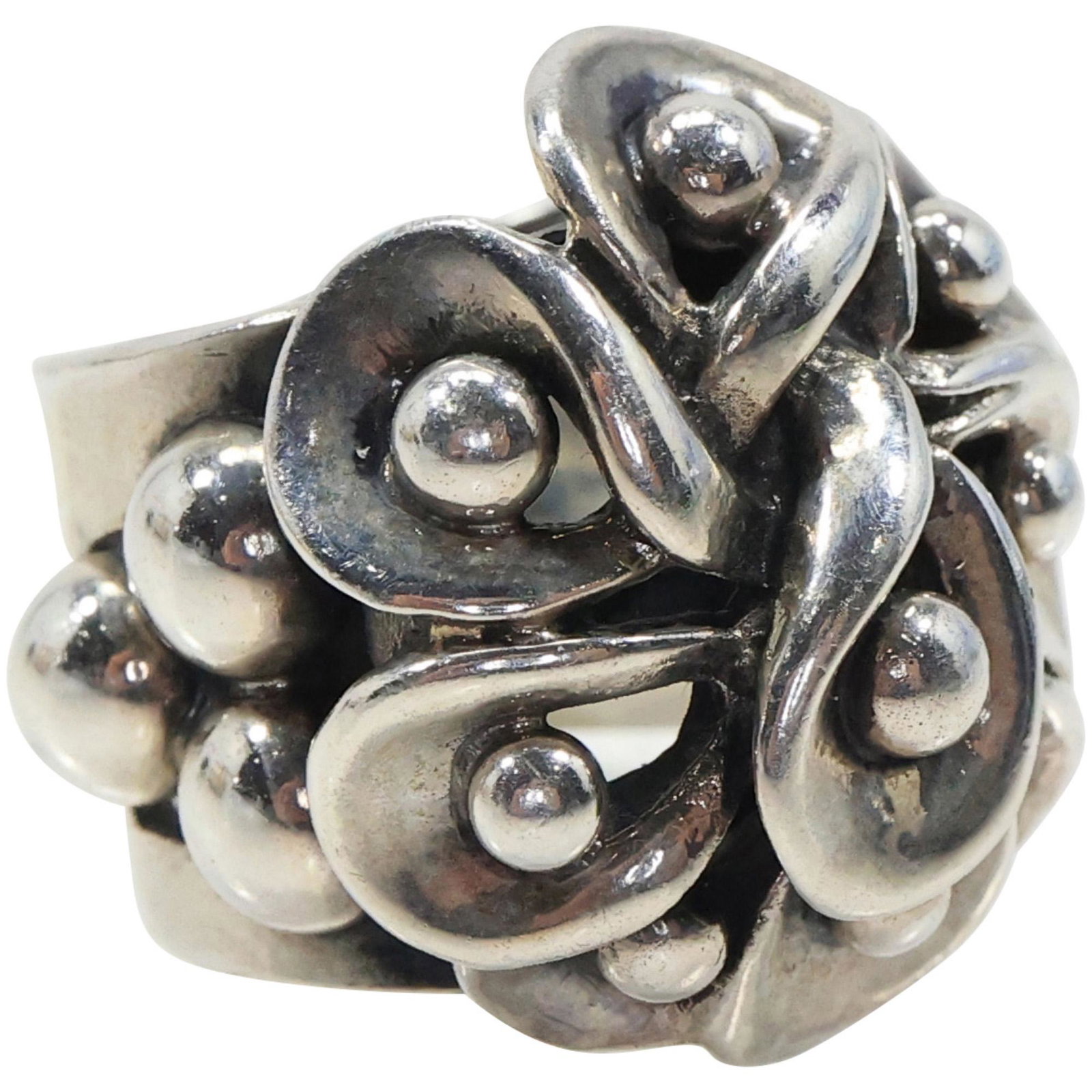 marked 950 Hand Crafted Heavy Sterling Silver Floral Ring Size 7.5, 1 in. x 1 in. (1 of 11)