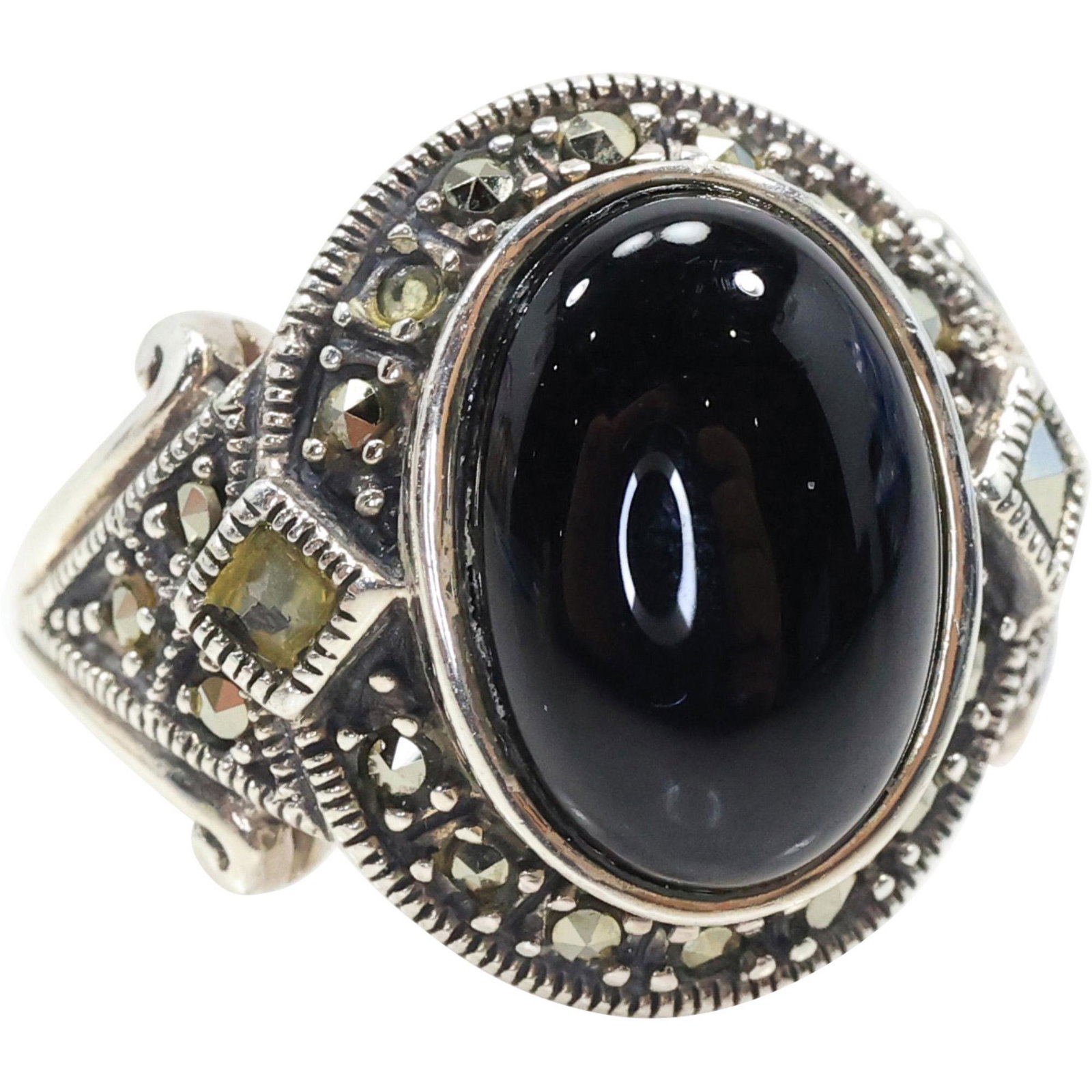 marked A .925 Sterling Silver Black Onyx and Marcasite Ring Size 8: marked A .925 Sterling Silver Black Onyx and Marcasite Ring Size 8, 1 in. x 7/8 in.