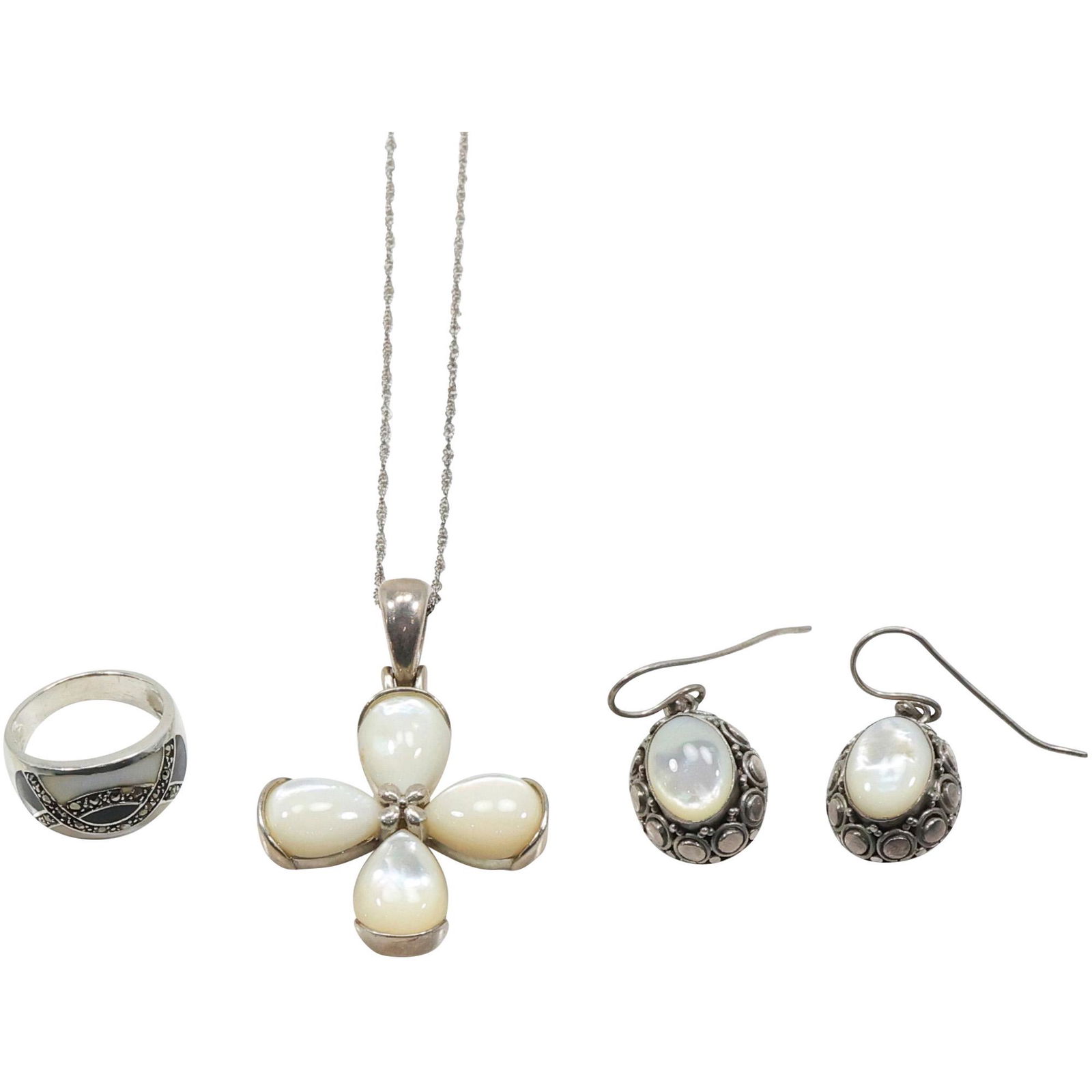 .925 Sterling Silver MOP, Black Onyx, Marcasites Ring Size 8; .925 Sterling MOP Earrings marked BA; (1 of 19)