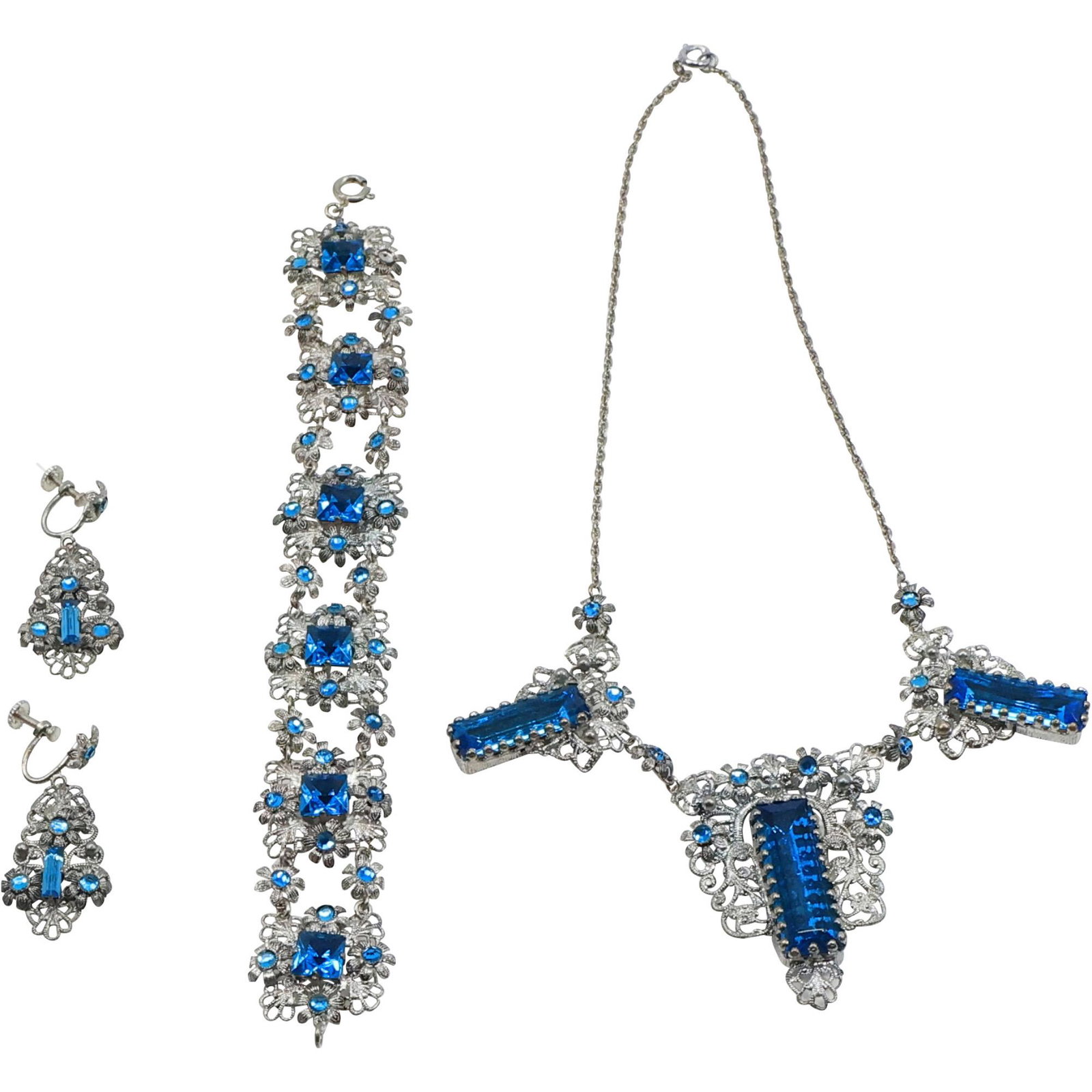 Victorian Costume 4 Pc. Blue Rhinestone Necklace, Bracelet and Earrings, Fancy Filigree (1 of 20)