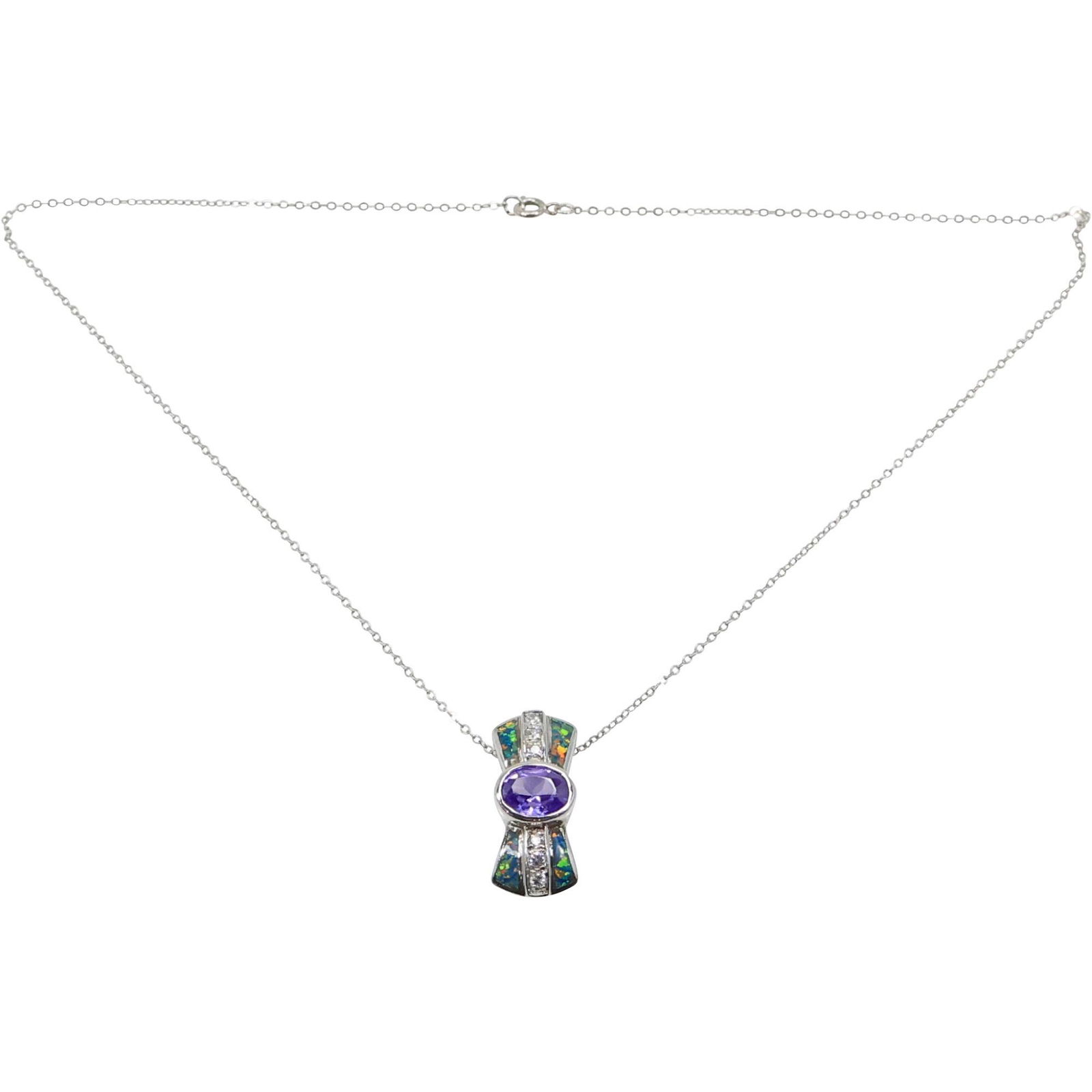 AK .925 Sterling Silver Opal, Purple Amethyst & Diamonds Pendant Necklace (1 of 7)