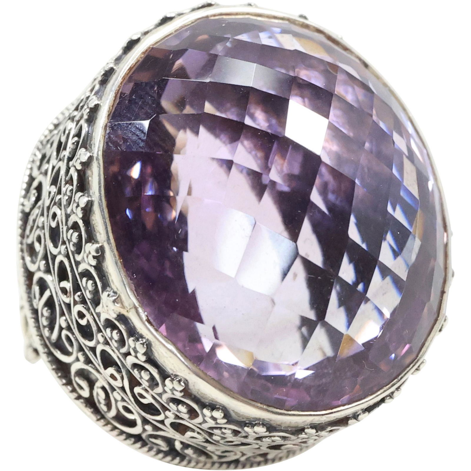 Large Ornate Filigree Sterling Silver Ring Large Faceted Amethyst Stone Ring Size 7.5 (1 of 10)