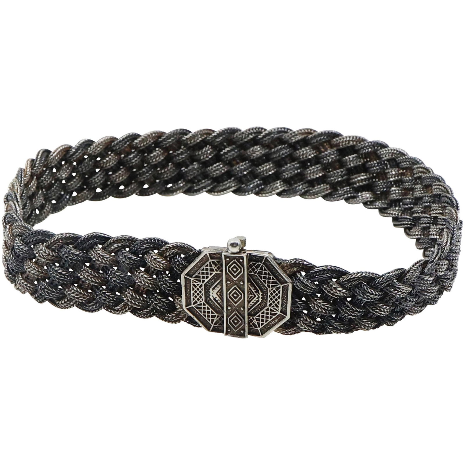 .925 Sterling Silver Wide Braided Necklace Aztec Design Pin Closure Clasp, Weighs 2.69 oz. (1 of 12)