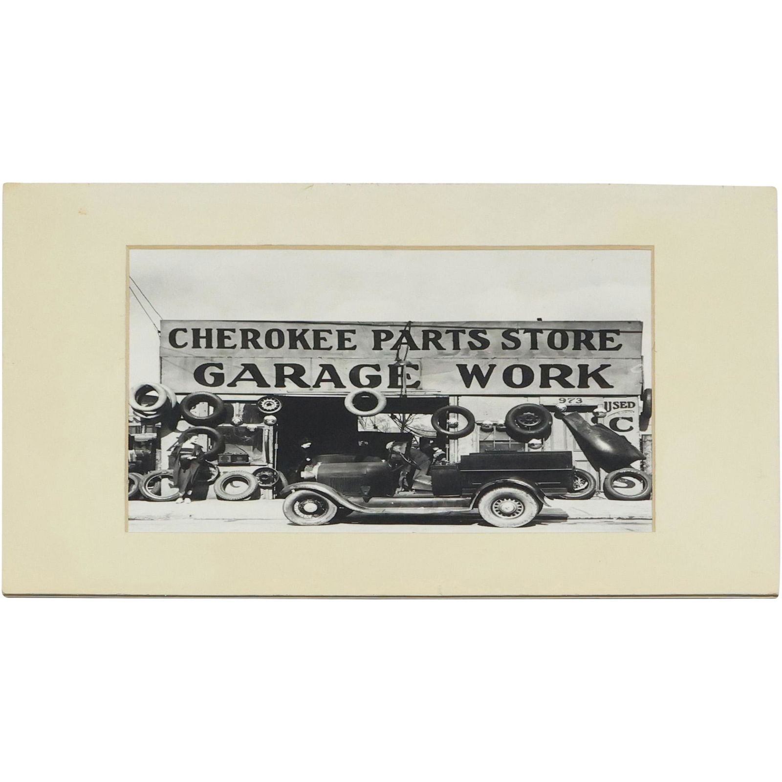 Vintage Photograph Image Cherokee Parts Store - Garage Work with Old Pick-up Truck: Vintage Photograph Image Cherokee Parts Store - Garage Work with Old Pick-up Truck. image 7 1/2 in. x 9 1/2 in. ; outer mat 11 in. x 14 in.