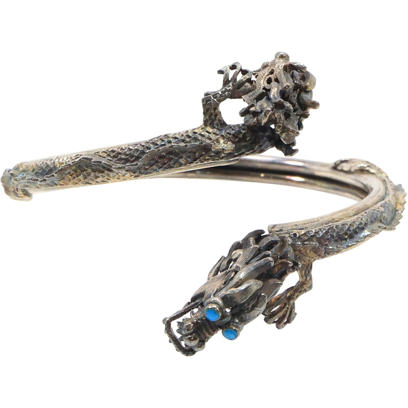 Fabulous .925 Sterling Silver 19th C Dragon Heads Cuff Bracelet, Mechanical Heads, Turquoise Eyes (1 of 13)