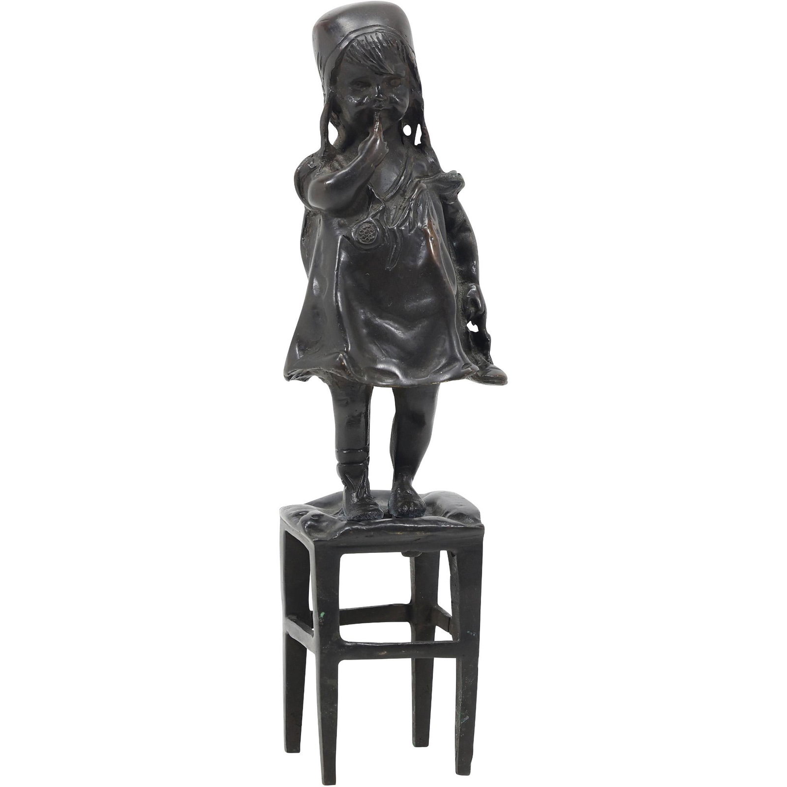 Bronze Sculpture Young Girl Standing on a Stool - Original Patina: Bronze Sculpture Young Girl Standing on a Stool - Original Patina. size: 12h 3w
