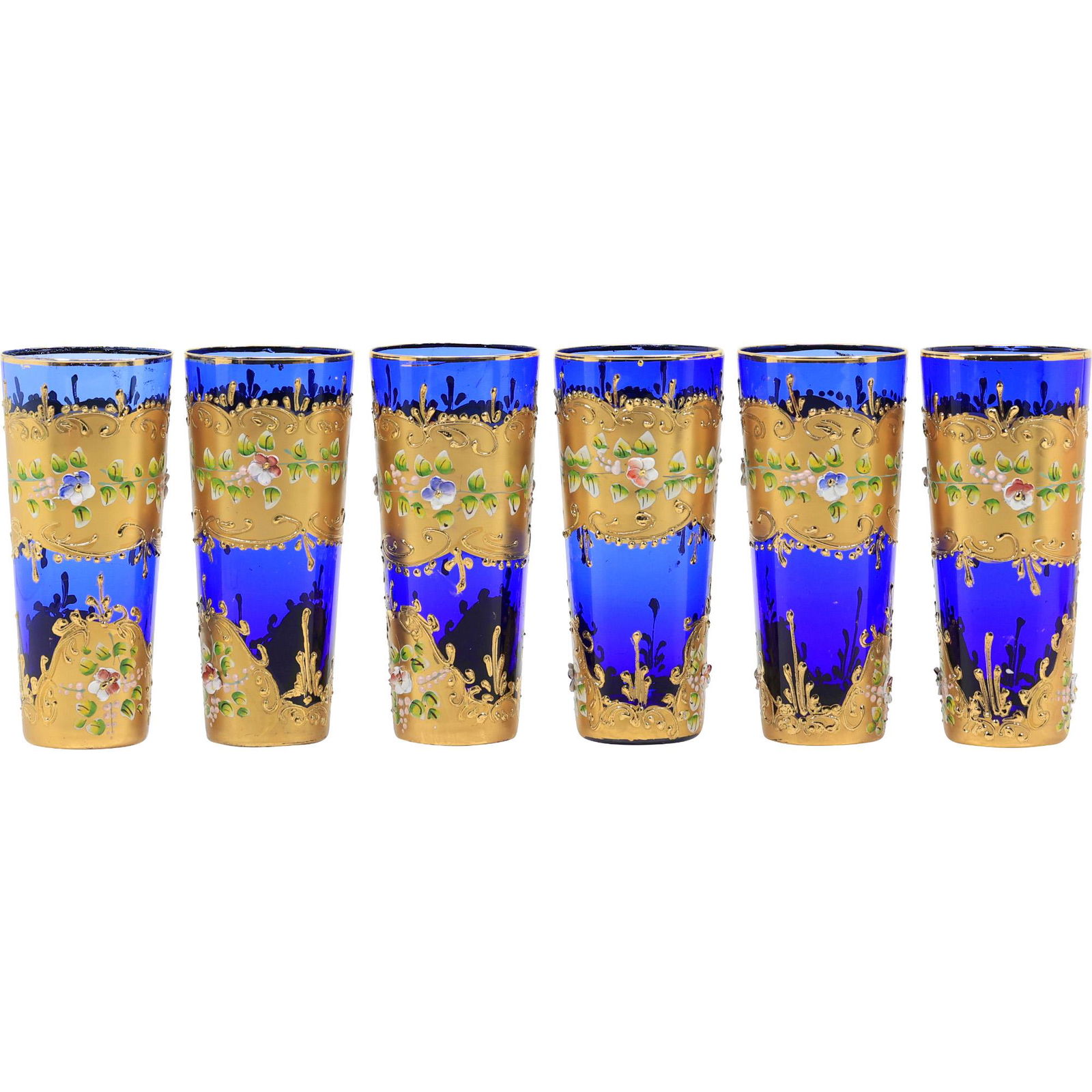 6 Italian Cobalt Blue Tall Drinking Glasses Heavy Gold Decoration (1 of 13)