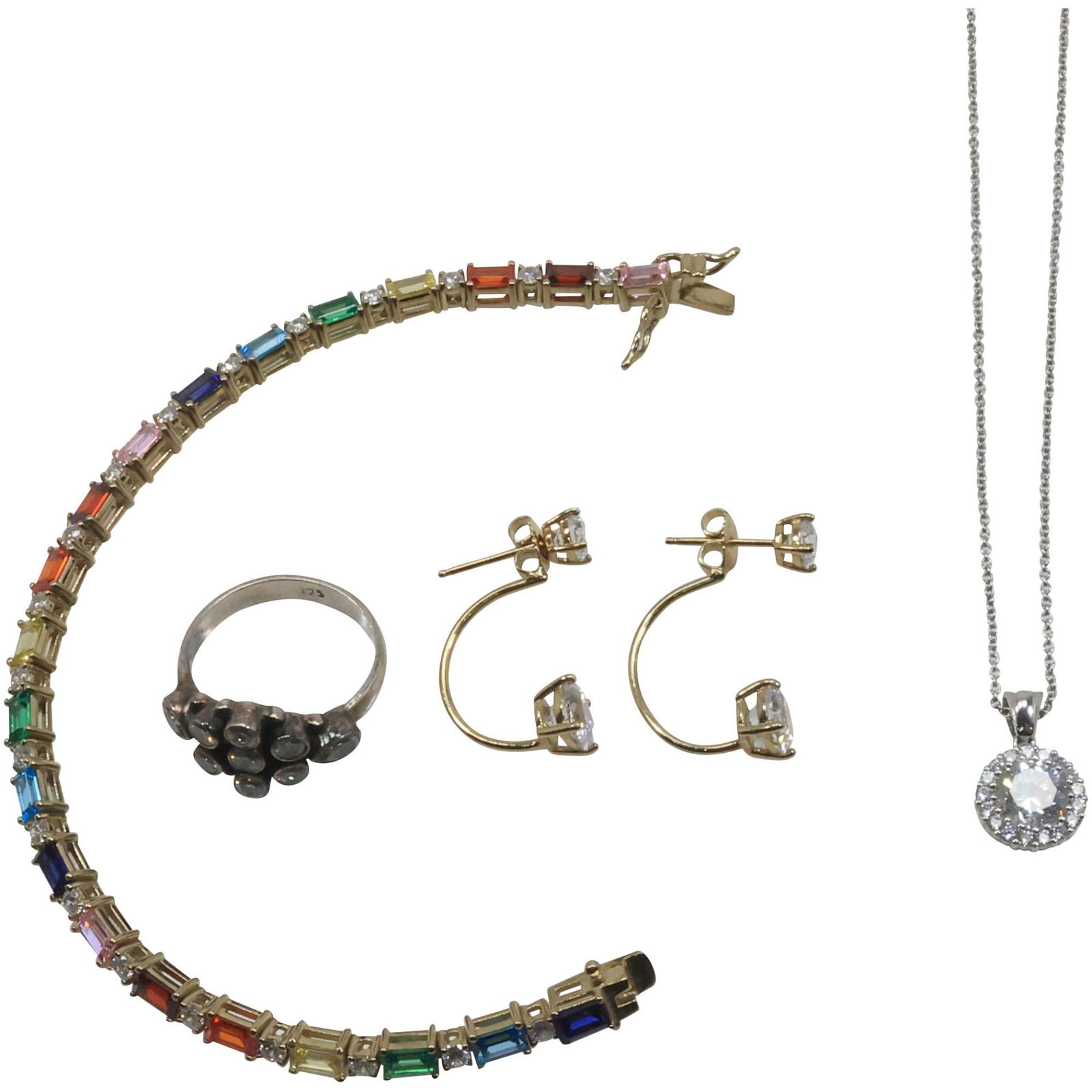 .925 Sterling Silver CZ with Semi Precious Stones Bracelet; .925 CZ Pendant, .925 CZ Ring, and (1 of 19)