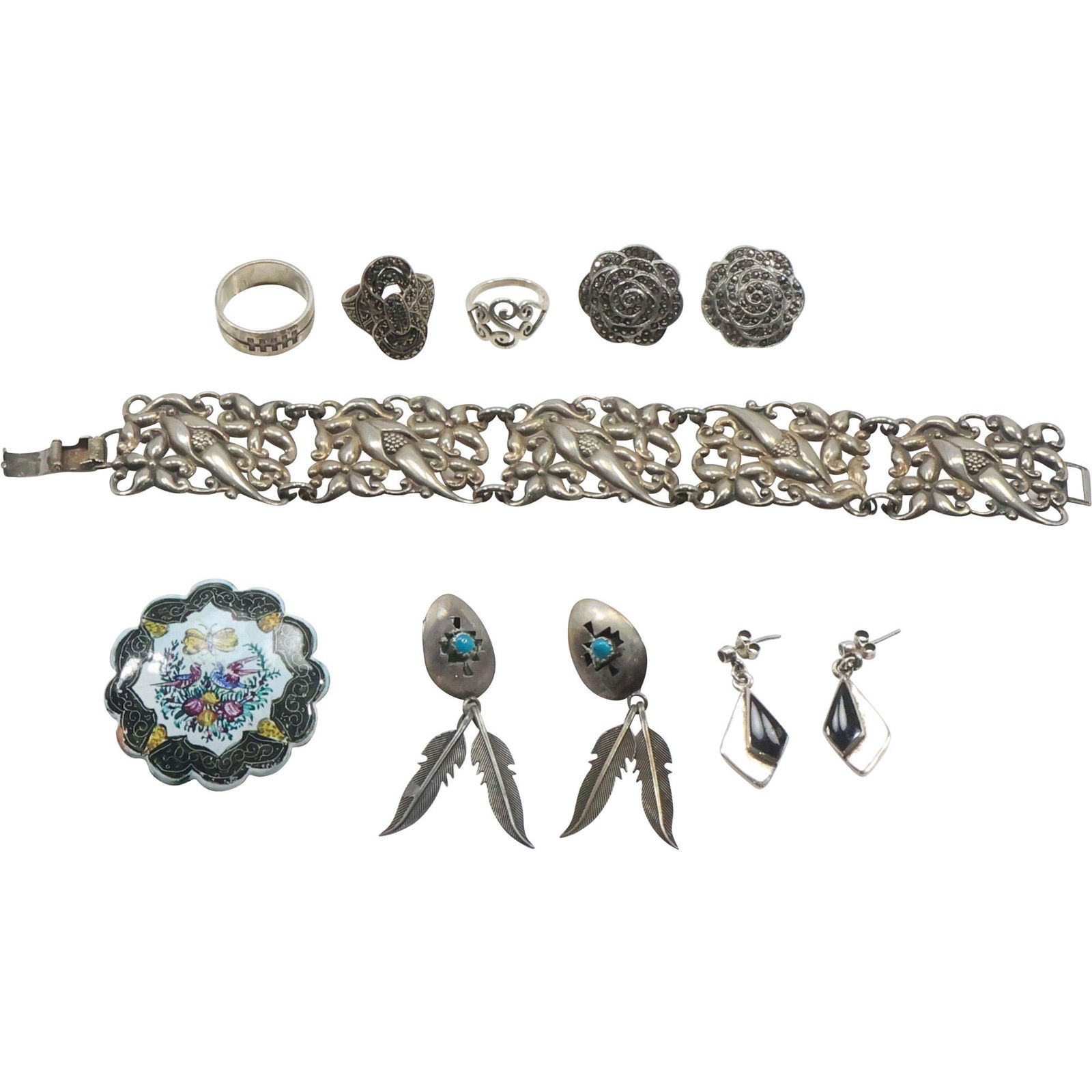 11 Pc. .925 Sterling Silver Jewelry Assortment: Danecraft 5 -panel Bracelet; Sterling Marcasite Ring (1 of 19)