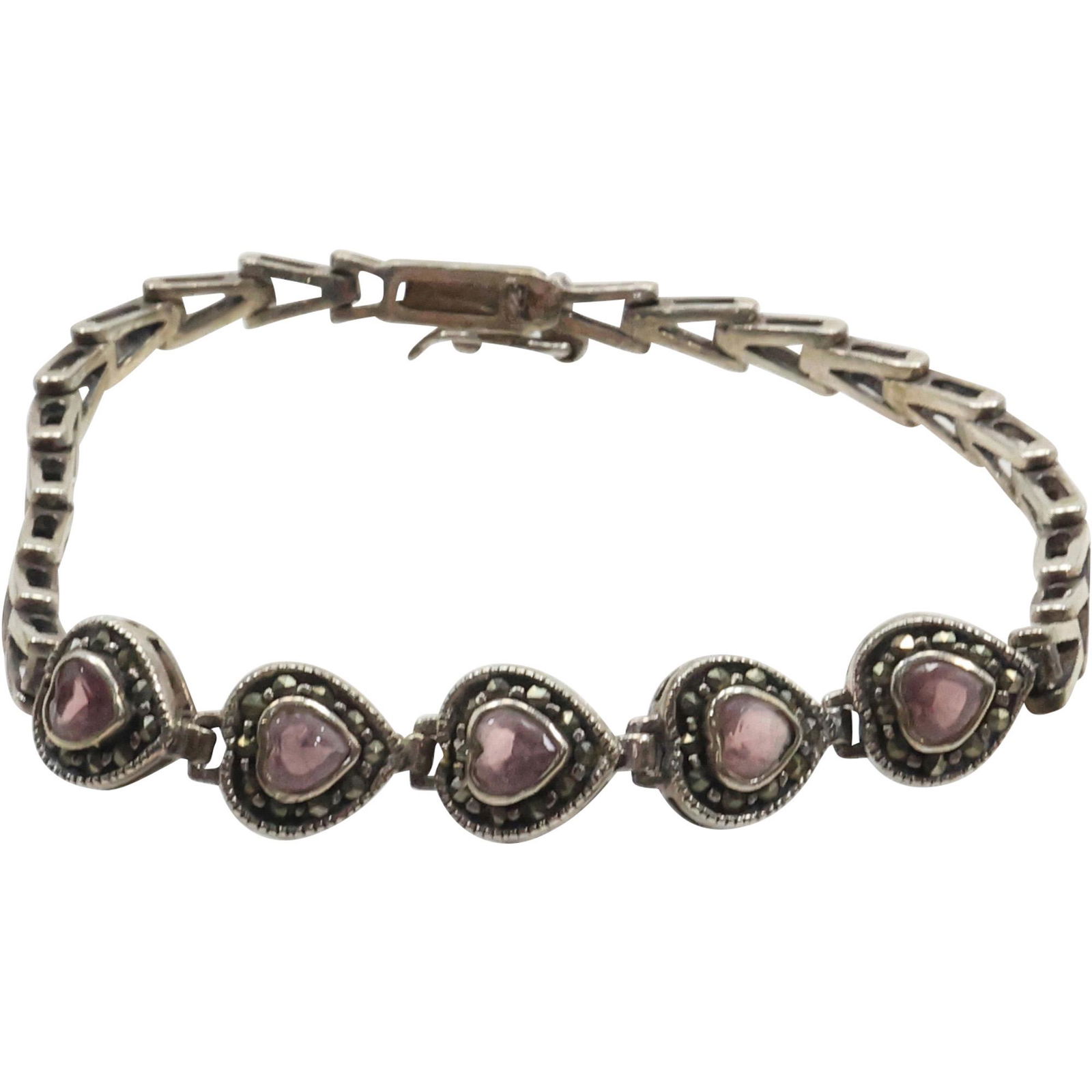 .925 Sterling Silver Pink Topaz Heart Link Bracelet 7 1/2 in. x 3/8 in. (1 of 12)