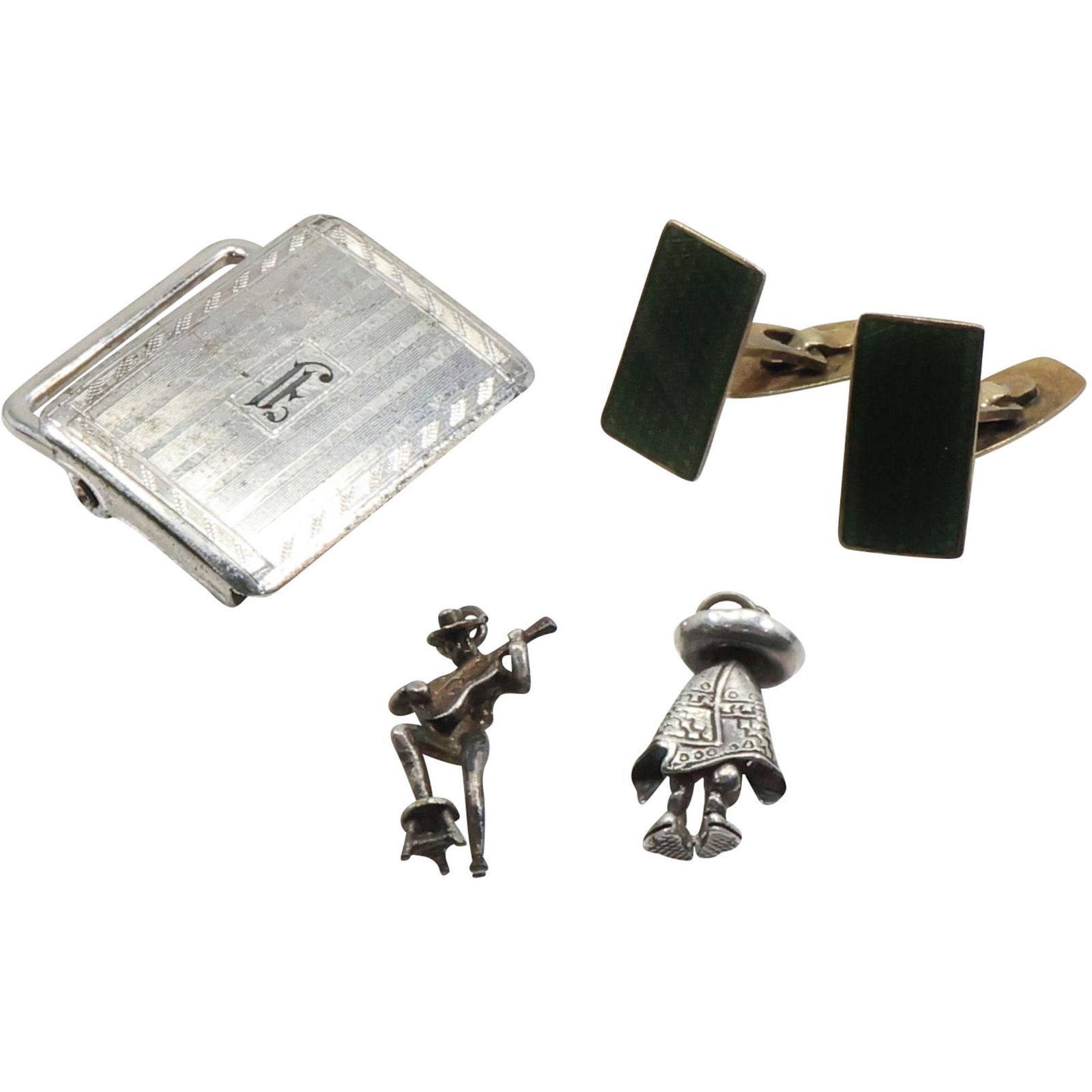 Hayward Sterling Buckle; .925 Sterling Cuff Links; .925 Mexico Man with Sombrero, Guitar charms (1 of 15)