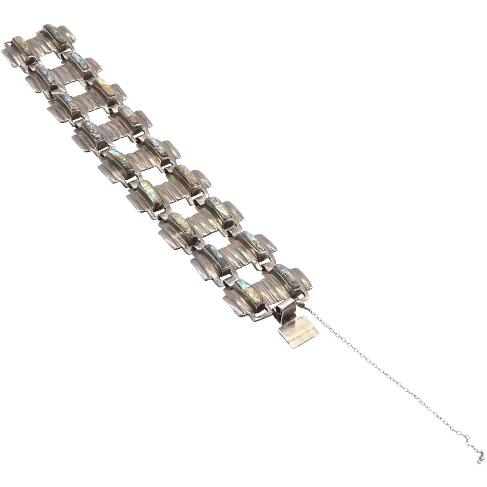 Taxco JC .925 Sterling Silver Mexico Double Abalone Stones Each Link Bracelet 7 1/2 in. x 1 1/4 in. (1 of 11)