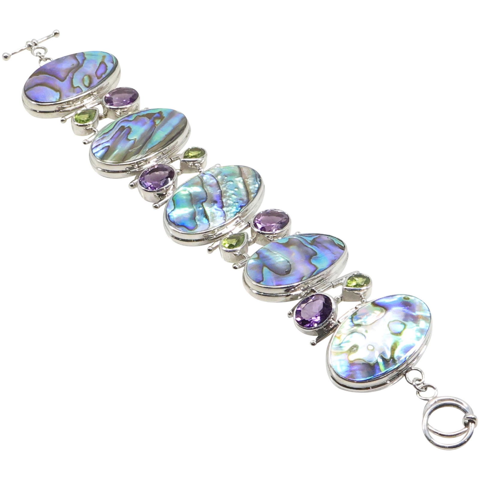 .925 Sterling Silver Abalone, Amethyst, Peridot 5-panel 8 Gem Stone Bracelet 8 1/2 in. x 1 1/2 in. (1 of 16)