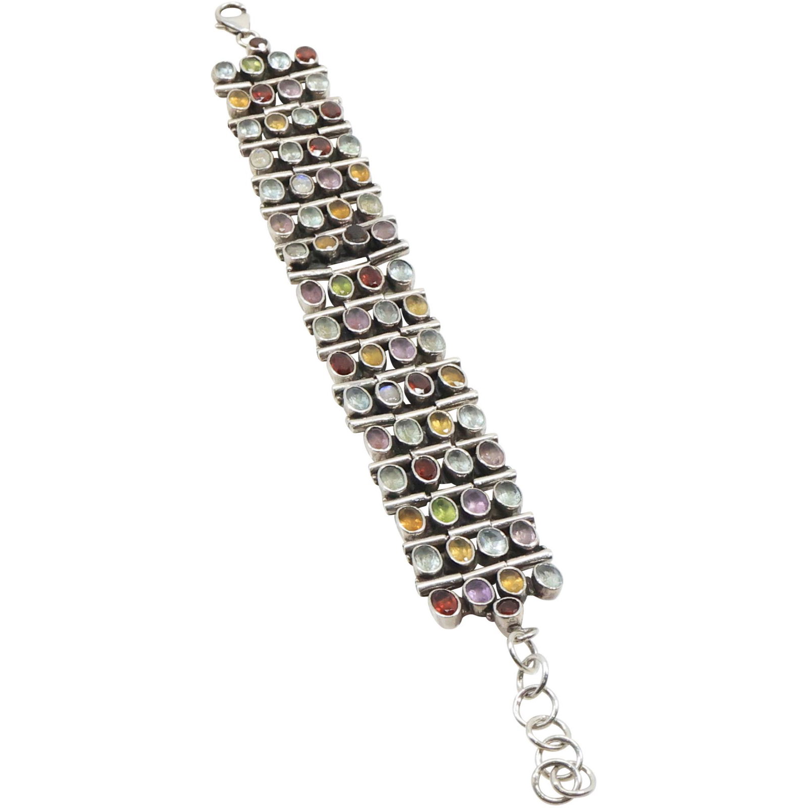 .925 Sterling Silver with Semi Precious Stones Wide Linked Bracelet 8 1/2 in. x 1 in.: .925 Sterling Silver with Semi Precious Stones Wide Linked Bracelet 8 1/2 in. x 1 in. ; Note: One Stone Missing