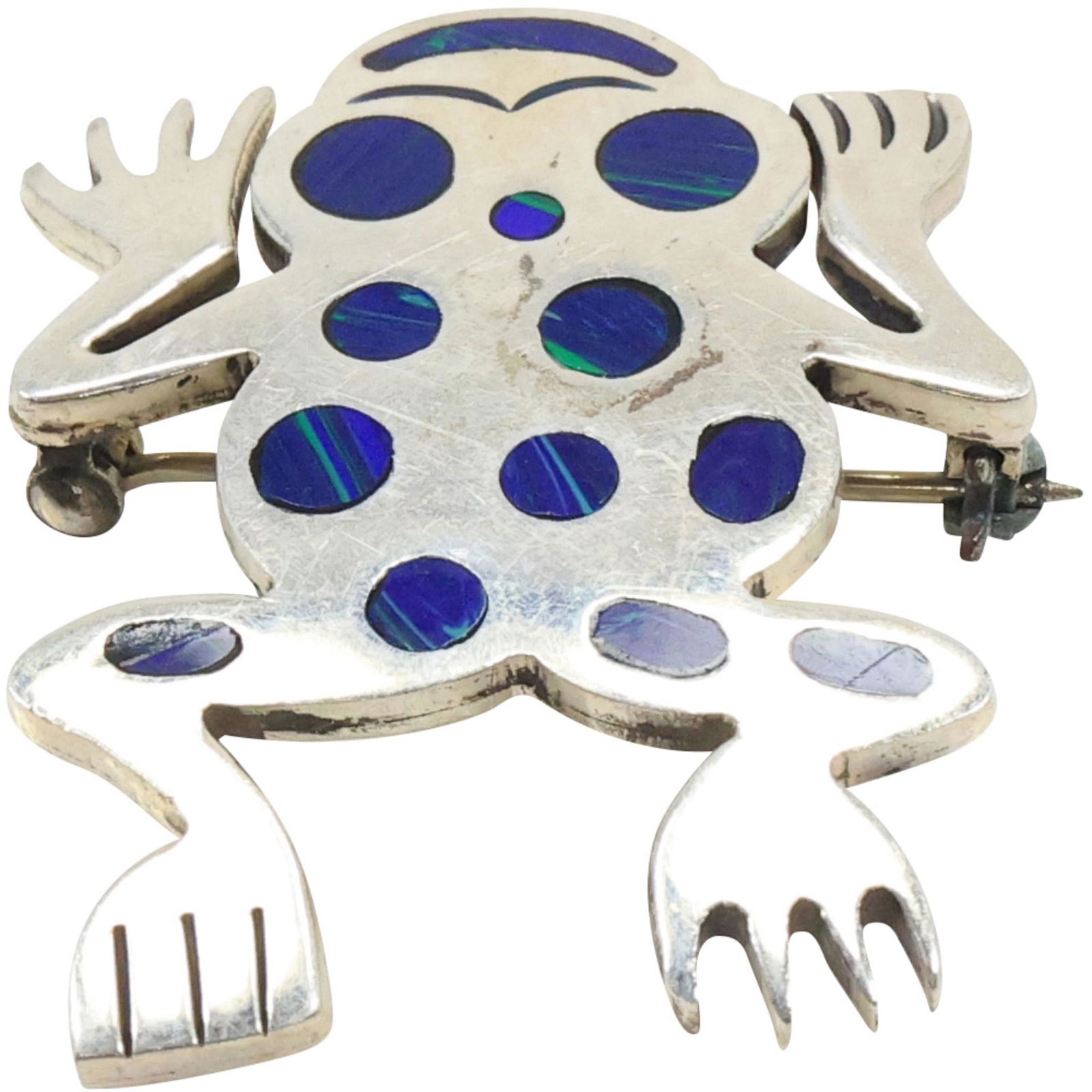 Mexico .925 Sterling Silver Lapis Spotted Frog Pin 1 3/4 in. x 1 1/2 in. (1 of 10)