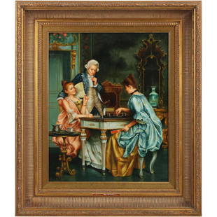 Fine Quality 20th C. Oil Painting on Wood Panel Interior French Figures Playing Chess: Fine Quality 20th C. Oil Painting on Wood Panel Interior French Figures Playing Chess . Signed illegible. Quality framing. size: 20 x 16, 28 x 24 outside frame