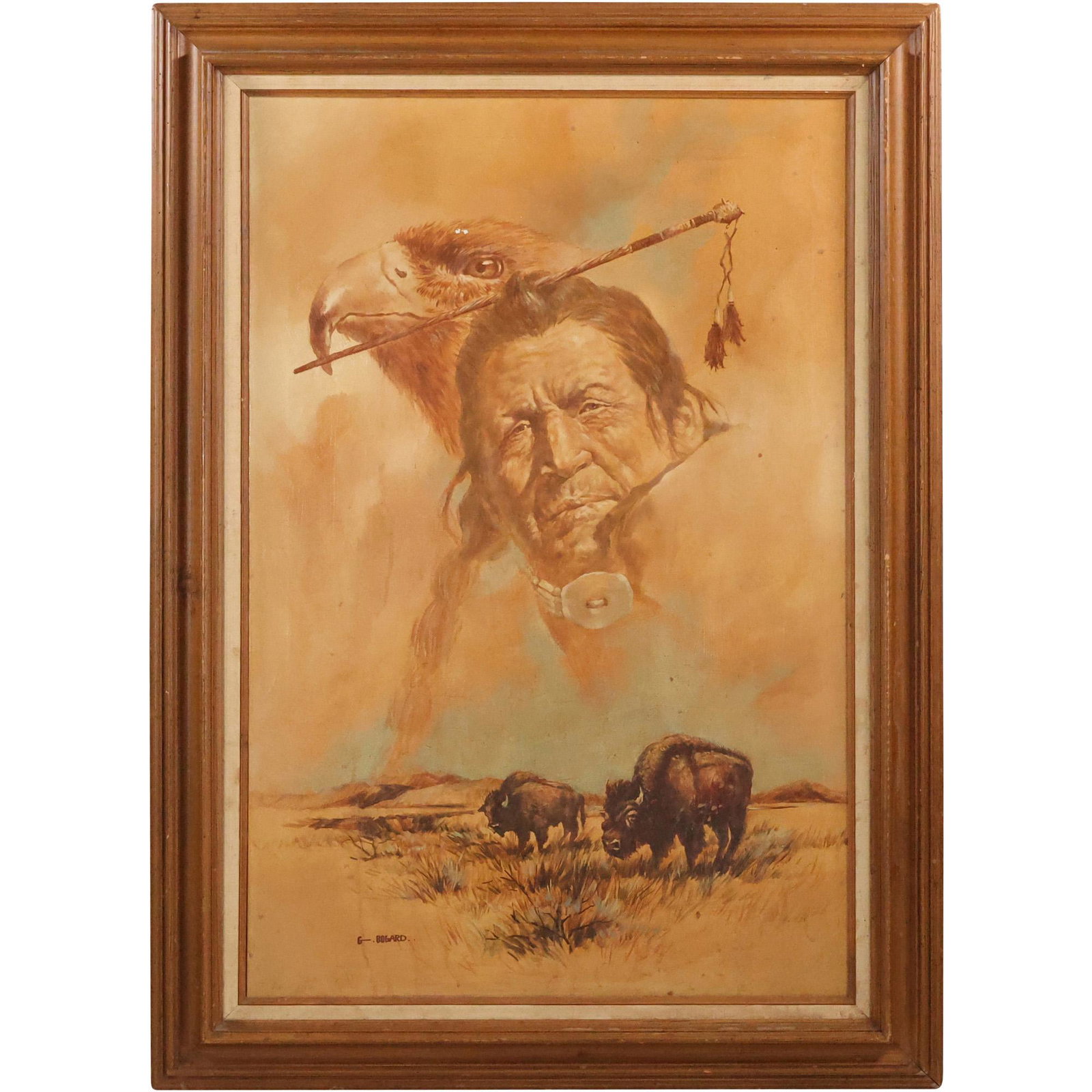 Gerald Bogard, 20th C. California, Oil on Canvas Painting Western Native American, Eagle, Buffalo: Gerald Bogard, 20th C. California, Oil on Canvas Painting Western Native American, Eagle, Buffalo. Signed. Original Framing. Well Listed American Artist. size: 36 x 24, 43 x 31 outside frame. ASKart: 