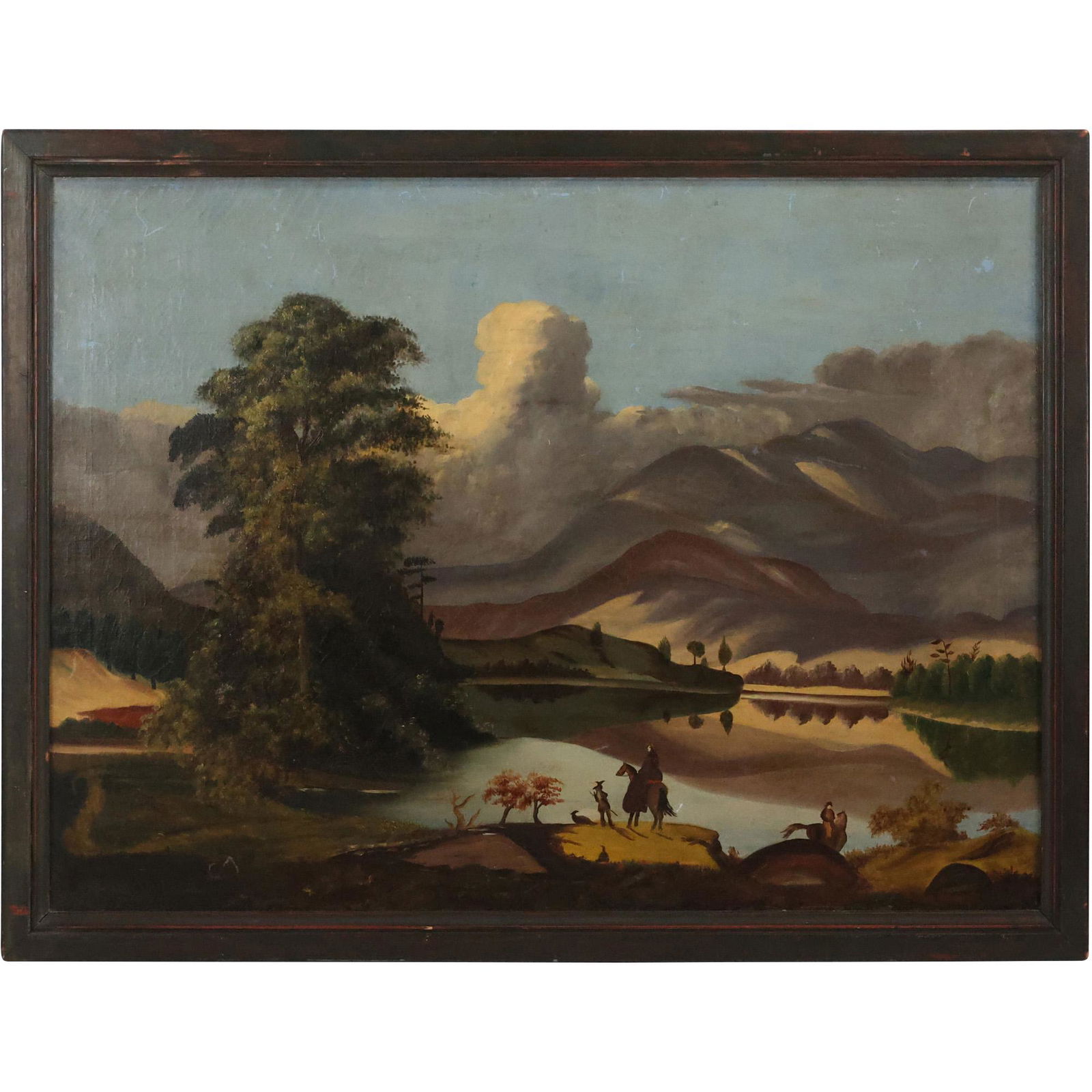 Quality 19th C. Oil on Canvas Painting Primitive Naive Lake Landscape with Figures (1 of 10)