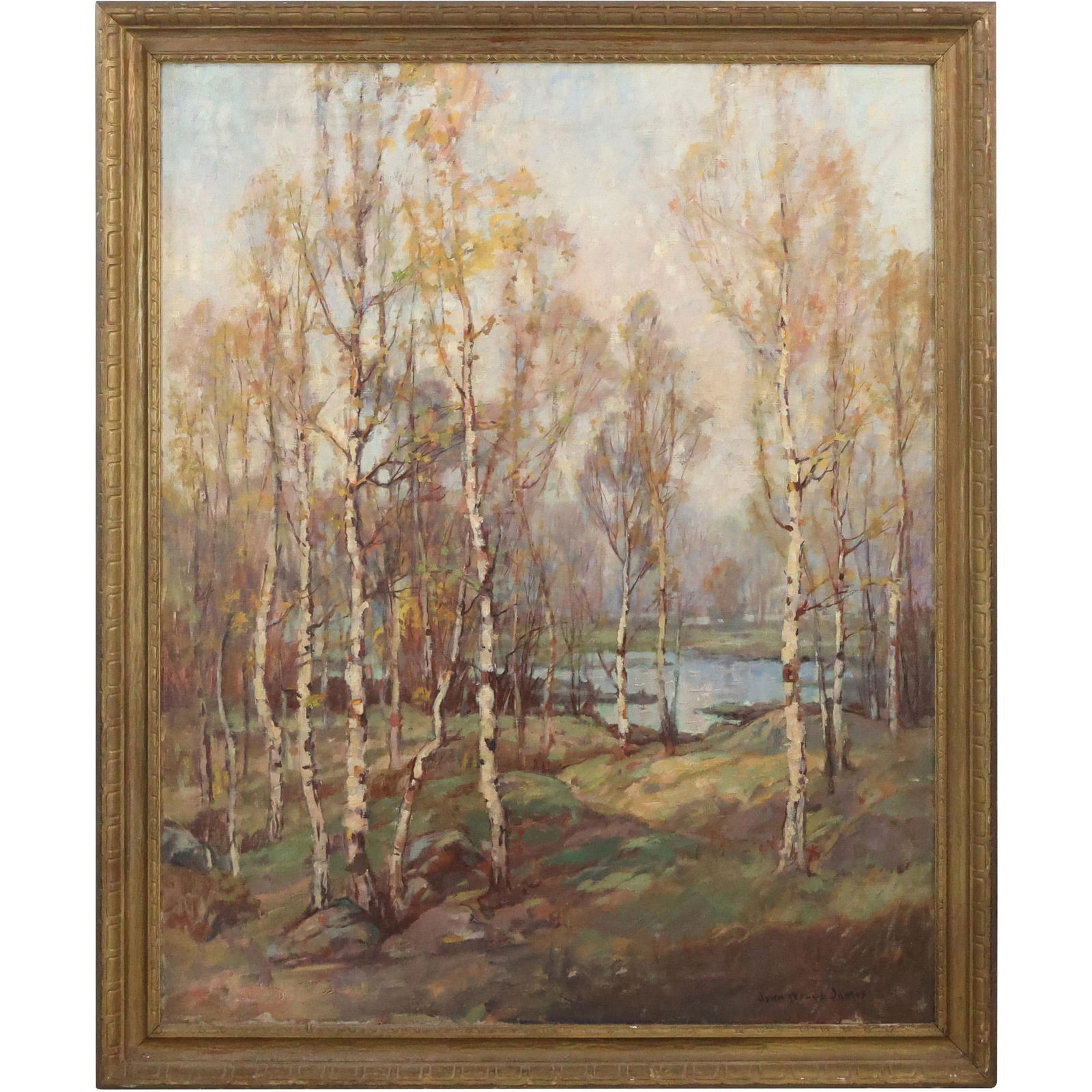 John Wells James (1873 - 1951) Fine Oil on Canvas Birch Trees in Landscape Titled "Spring" (1 of 12)