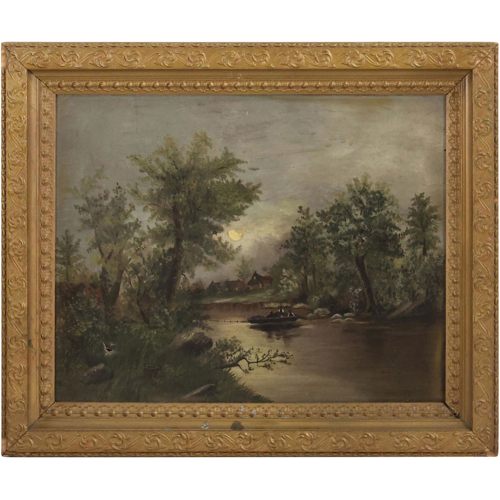 19th C. Oil on Canvas Painting Adirondacks Nocturnal Evening River Landscape (1 of 12)