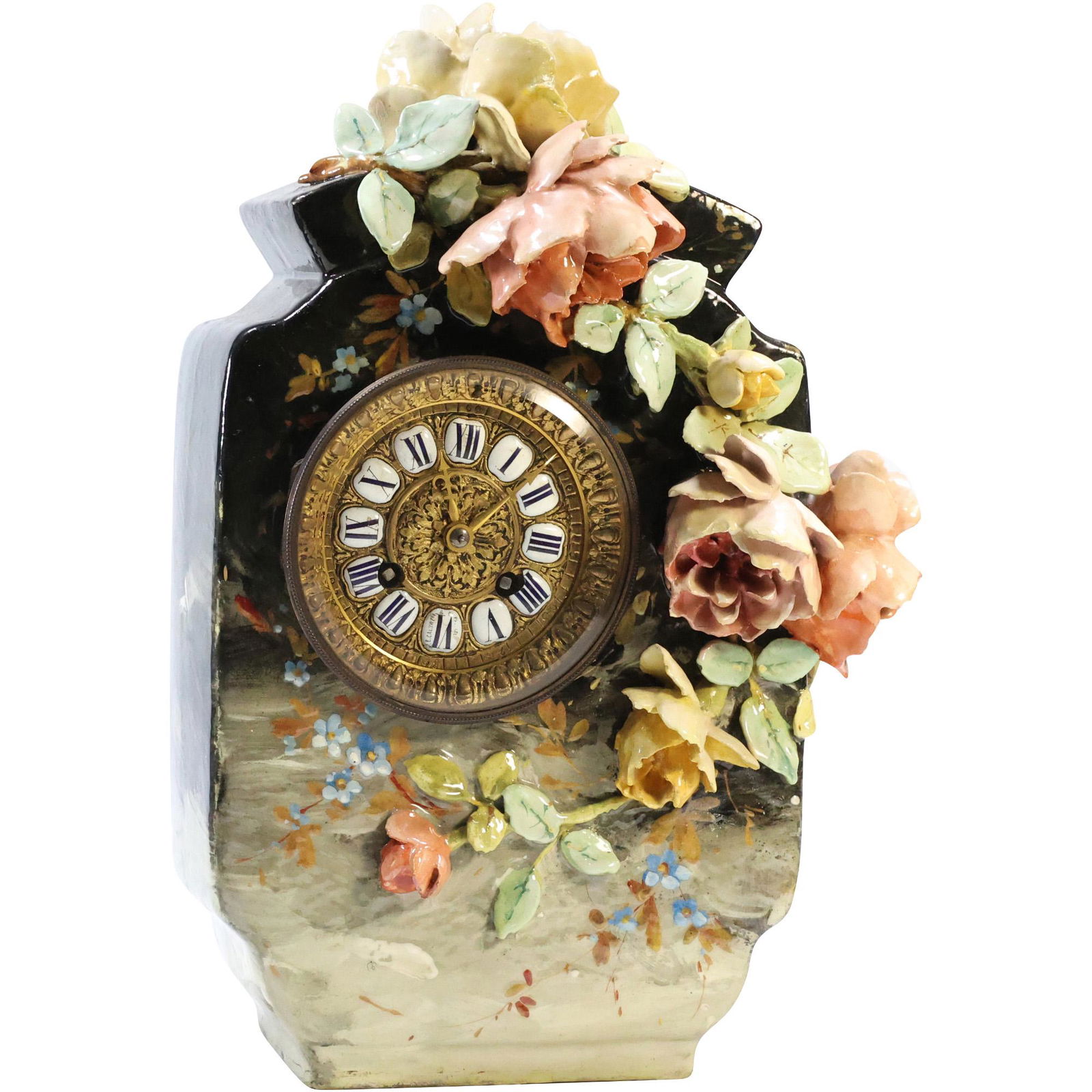 Stunning Antique 19th C. Majolica Pottery Mantle Clock Applied Flowers (1 of 19)