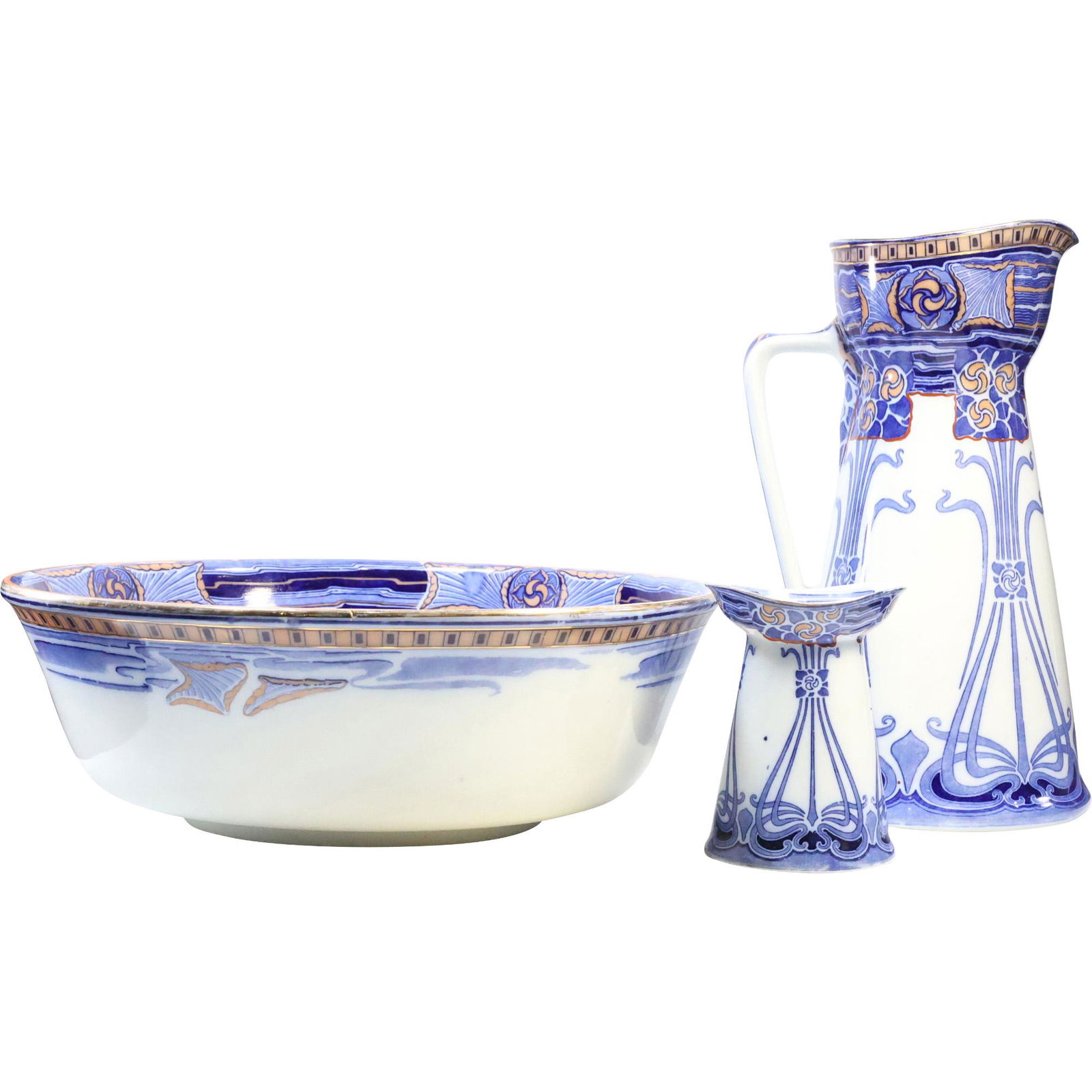 3 Pc. Royal Doulton Aubrey Flow Blue Art Nouveau Chamber Set Pitcher & Basin (1 of 20)