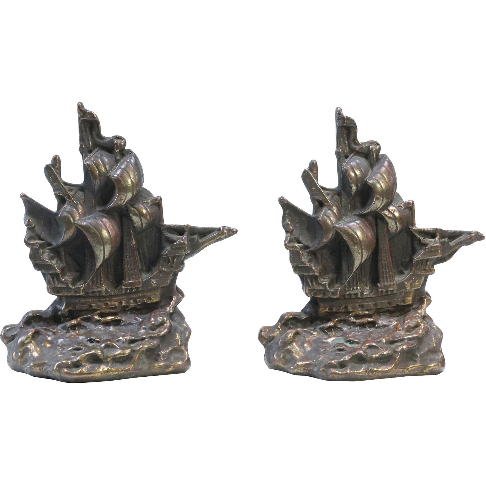 Circa 1920s Bronze Clad Galleon Ship Bookends - Original Patina (1 of 10)