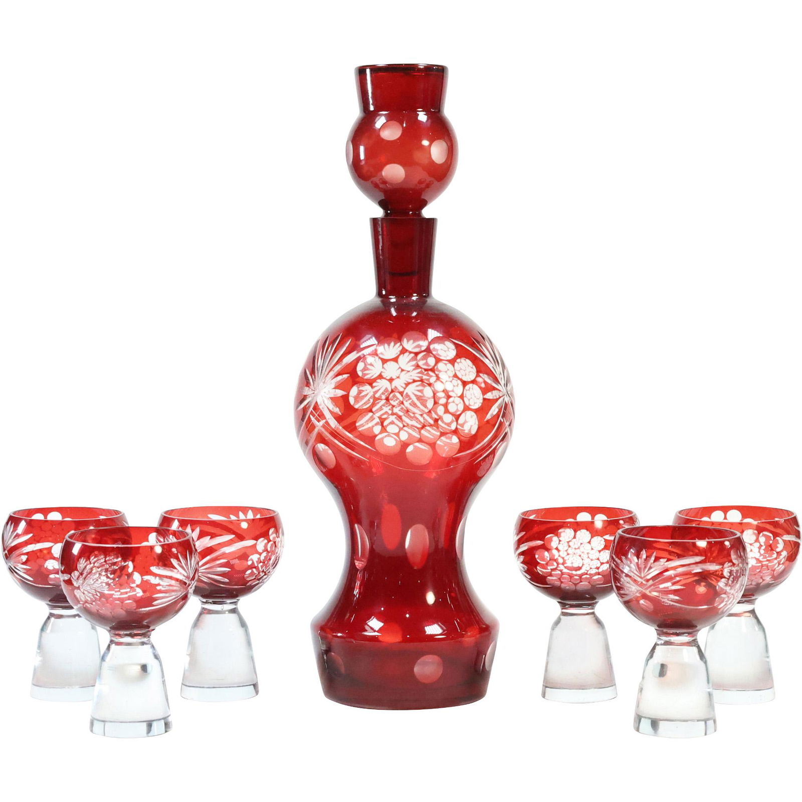 Bohemian Glass Red Cut to Clear Liquor Decanter and 6 Matching Glasses (1 of 13)