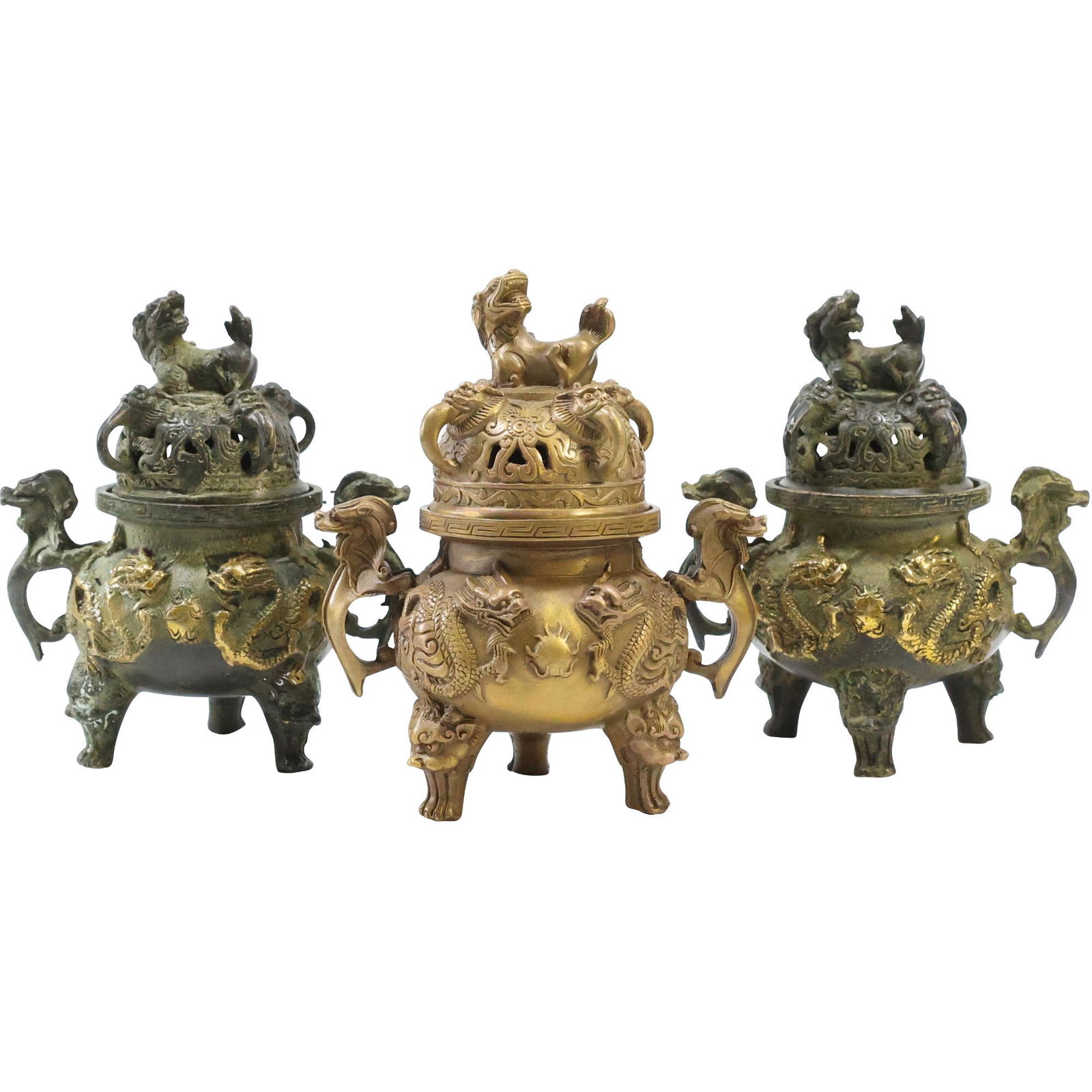 3 Signed Chinese Bronze Covered Censors Ornate with Dragons, Signed on base bottom (1 of 14)