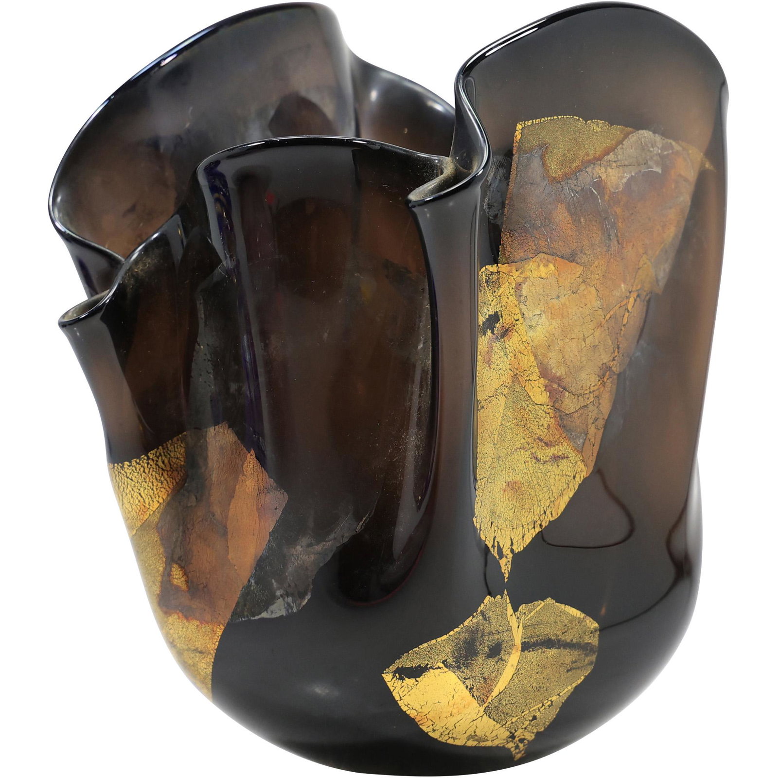 Mid-Century Modern Brown Art Glass Handkerchief Vase: Mid-Century Modern Brown Art Glass Handkerchief Vase. size: 9.75h 9.75w