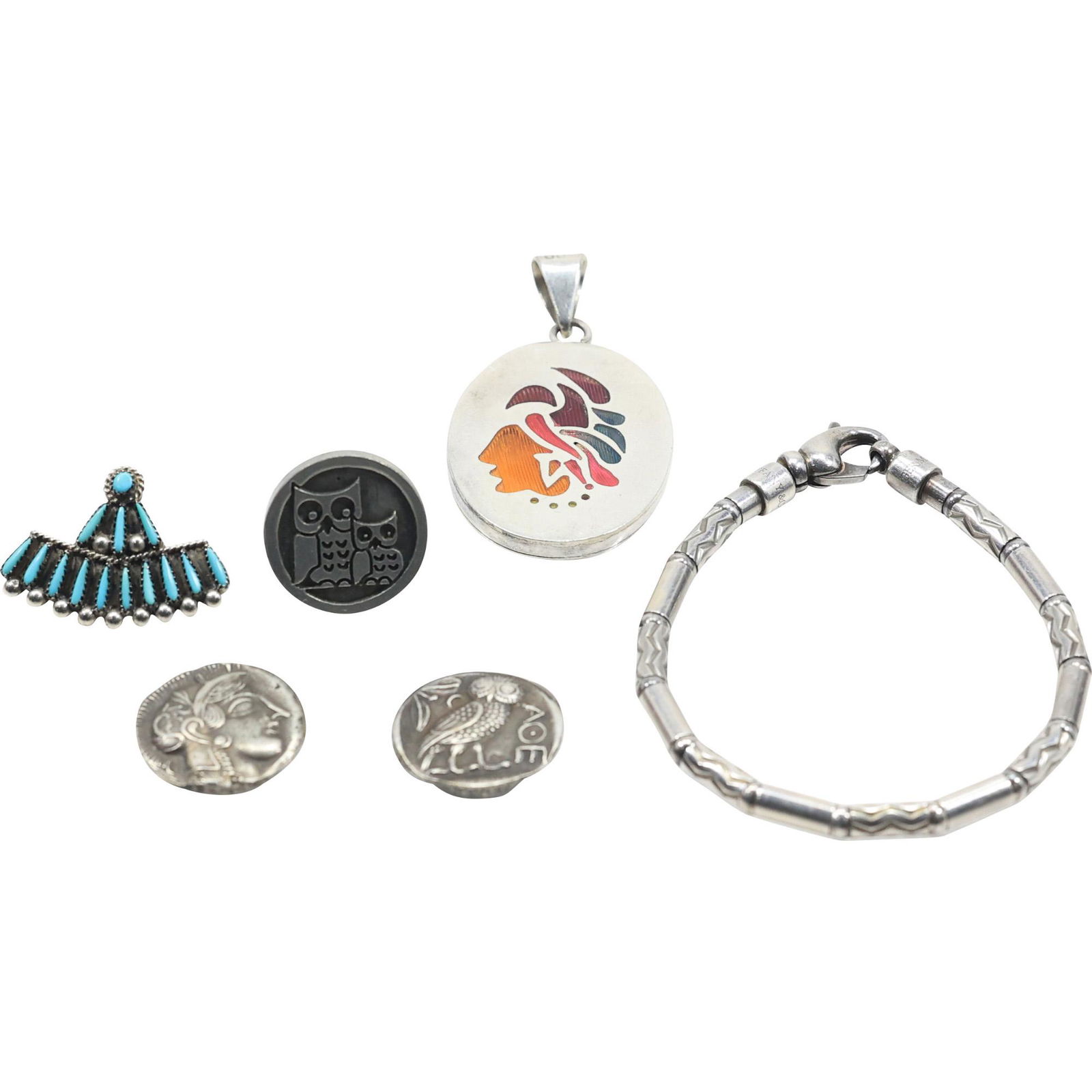 6 Assorted Estate Grouping .925 Sterling Mexico Chief Pendant; .925 Germany Bracelet; OWL Ring (1 of 17)