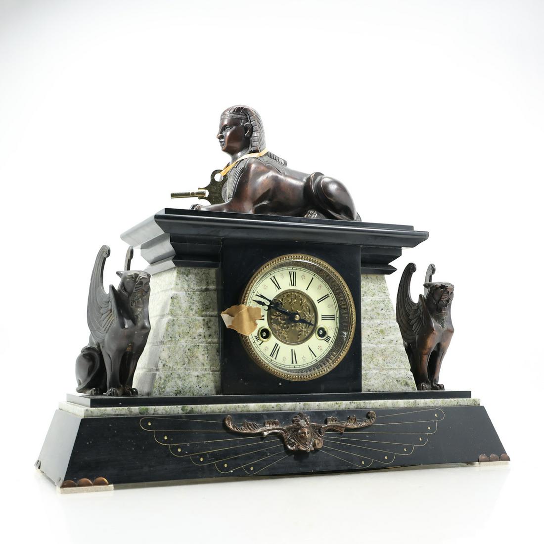 EGYPTIAN REVIVAL MARBLE MANTLE CLOCK with Bronze SPHINX TOP, Griffin Sides (1 of 20)