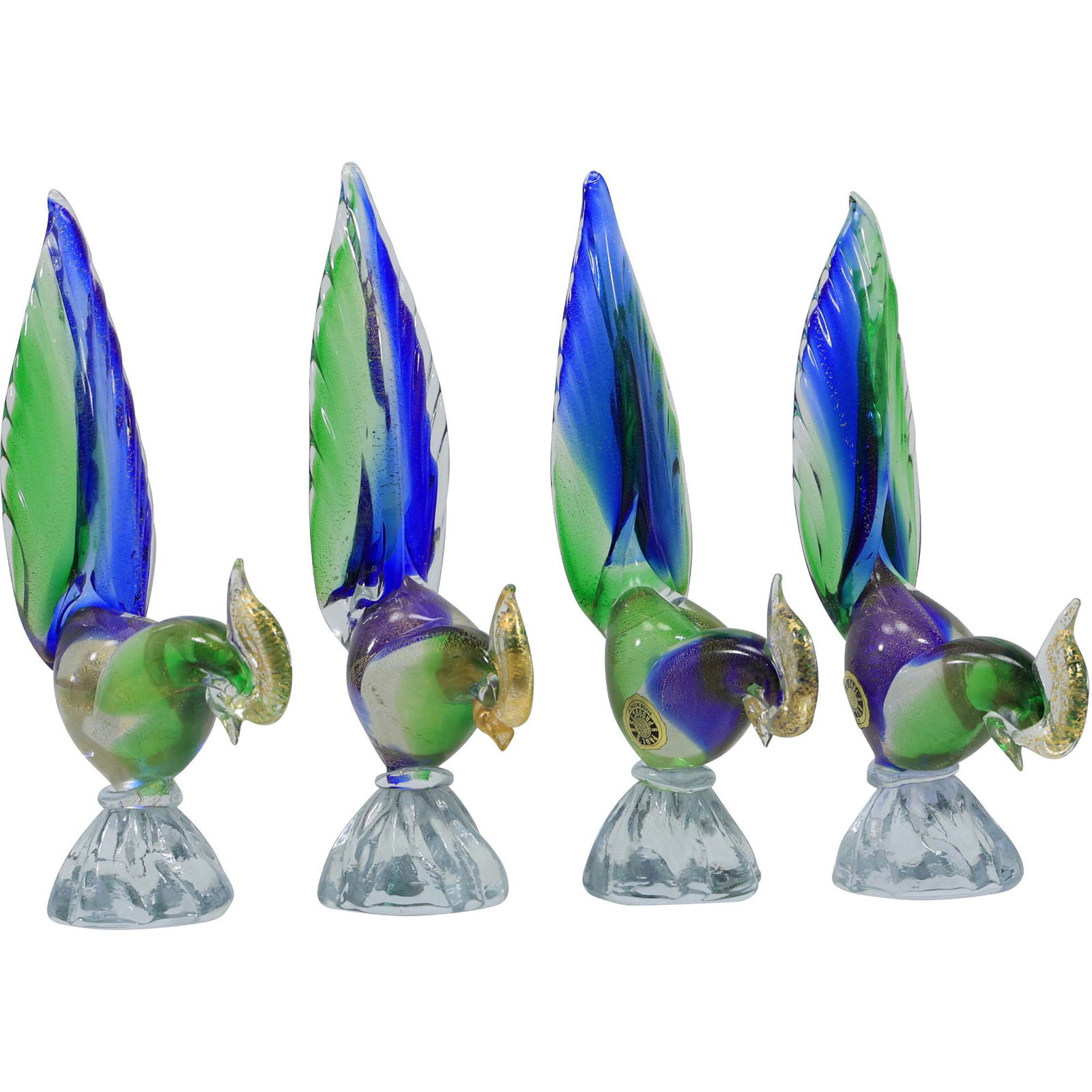 4 Murano Art Glass EXOTIC BIRD Figures Sculpture in Green Blue and Gold Dust Internal (1 of 13)
